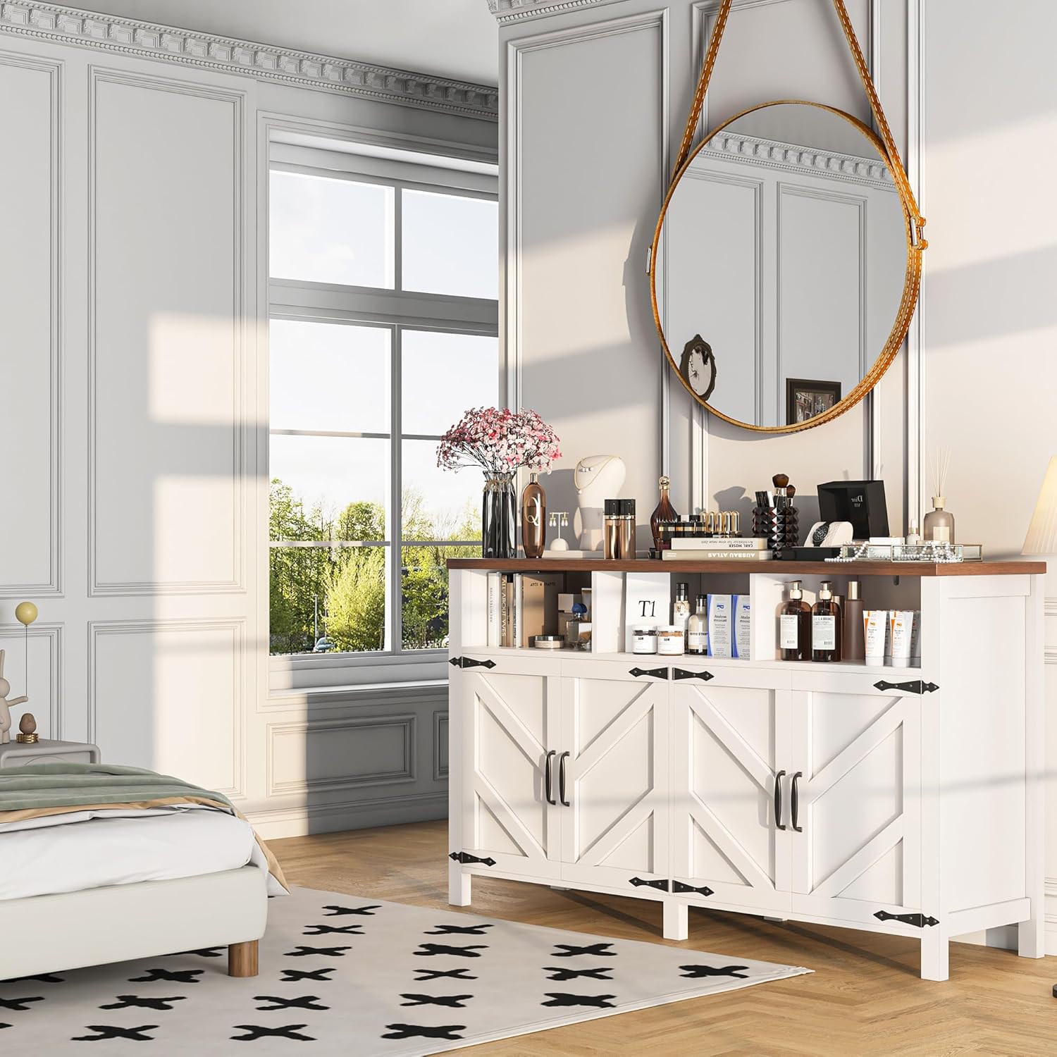 knoworld Buffet Sideboard with Storage Farmhouse with 4 Doors, 55'' Large Kitchen Storage Cabinet Wood Coffee Bar Cabinet Buffet Table with Shelves for Kitchen, Dining Room, Entryway