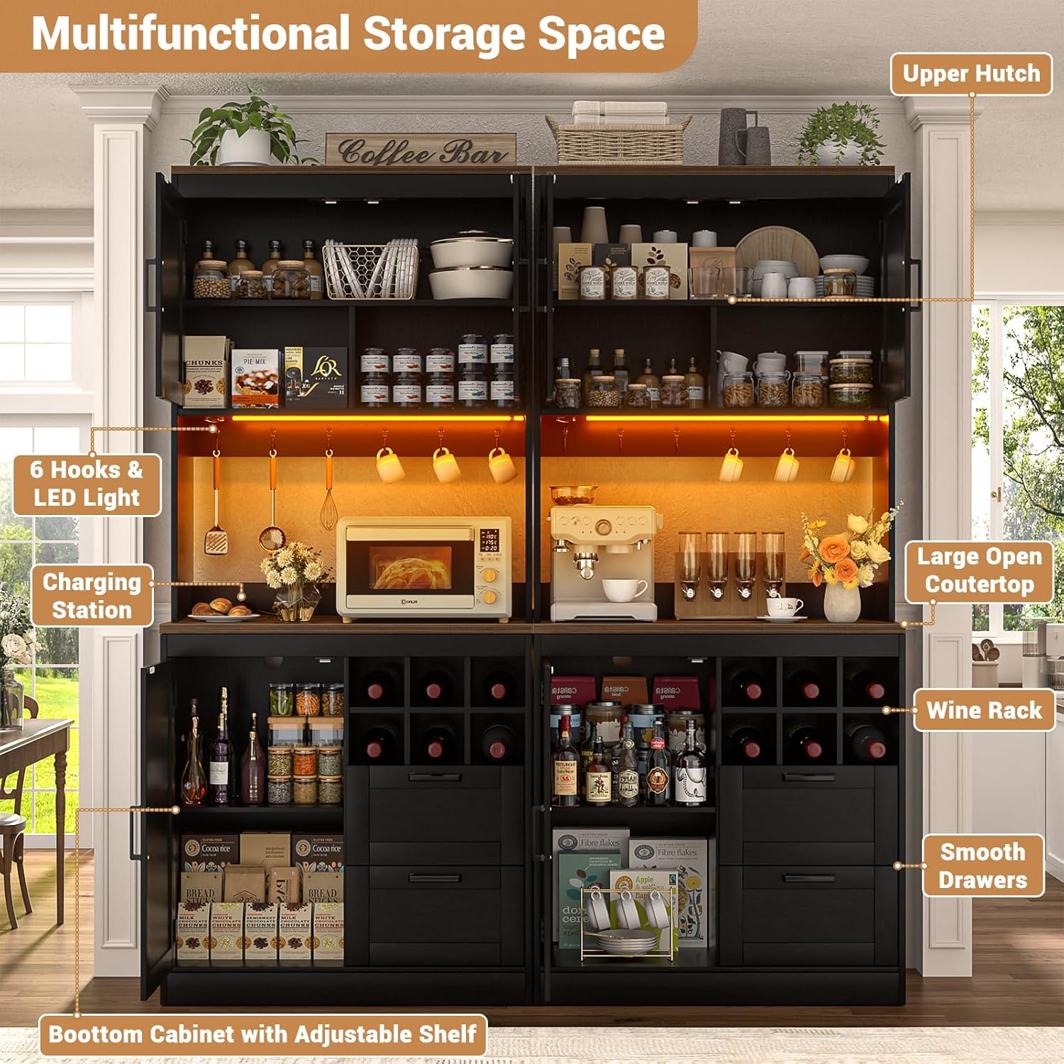 Unikito 72' Tall Pantry Cabinet, Kitchen Pantry Storage Cabinet with LED Light & Outlet, 63' Wide Kitchen Hutch Bar with Microwave Stand, Drawers, Wine Rack & Shelves for Dining Room, Black and Rustic