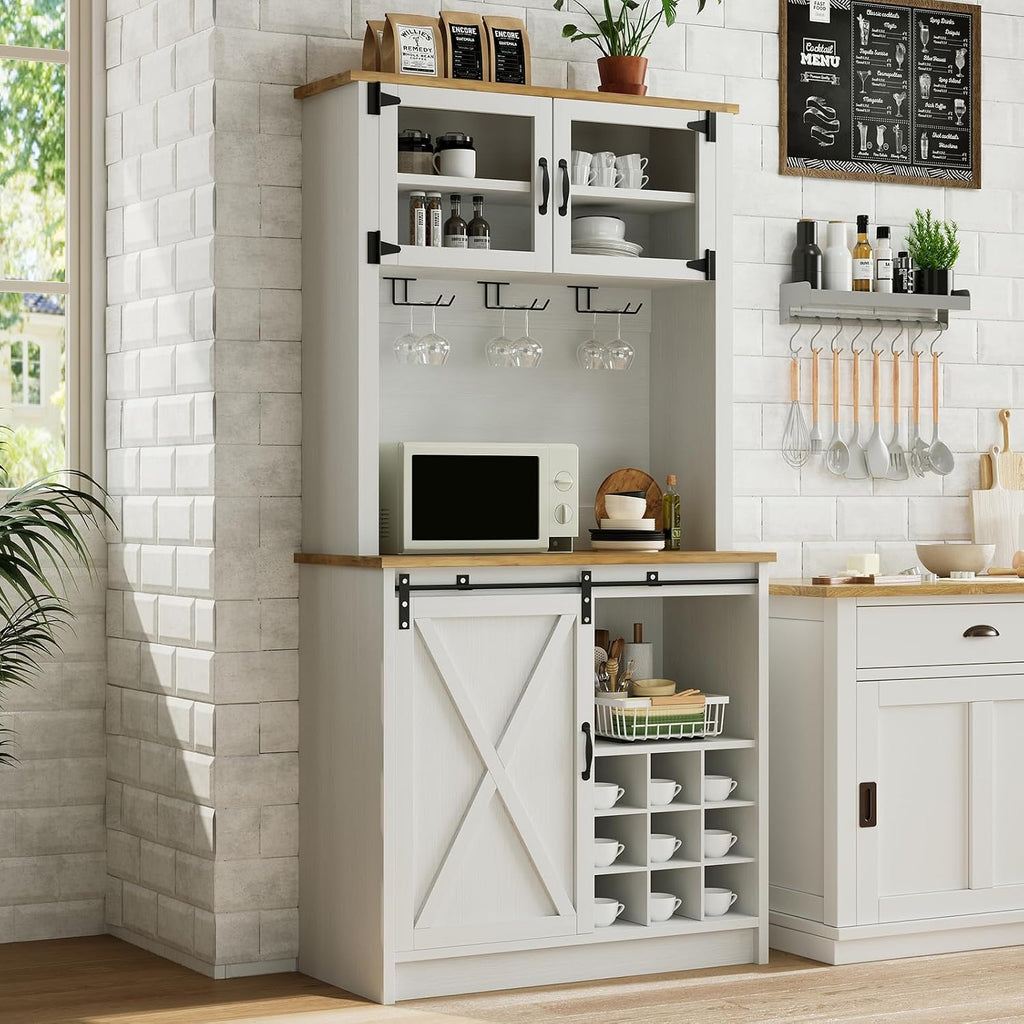 4ever2buy 72' Farmhouse Coffee Bar Cabinet with Sliding Barn Door, White Coffee Bar with Storage, Large Kitchen Buffet Cabinet with Wine Rack, Tall Bar Cabinet Table Living Dining Room