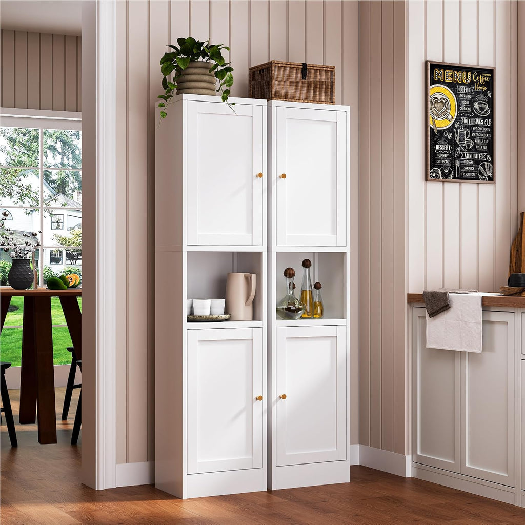 YAUWOH 2-Door Metal Storage Cabinet, Tall Slim Pantry Organizer with 3 Adjustable Shelves (120LBS/Shelf), Anti-Tipping Waterproof Cabinet for Bathroom/Kitchen/Home Office/Small Spaces, (1PC,White)