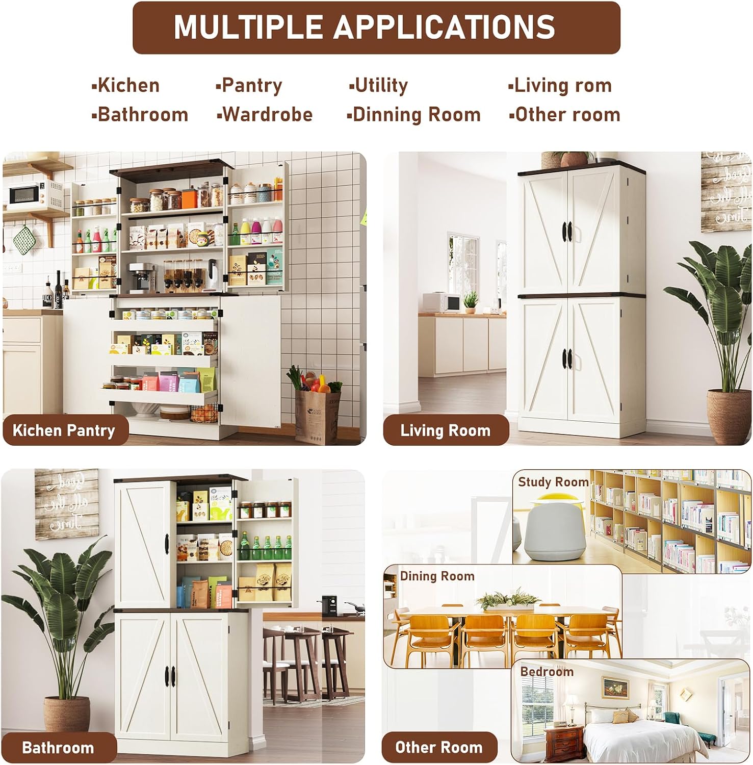 Farmhouse Kitchen Pantry Cabinet with 3 Drawers,71' Tall Rustic Wood Storage Cabinet with 6 Door Shelves,with Load-Bearing Steel Pipe,Pantry Organizers for Kitchen,Dining Room(Rustic Off White)