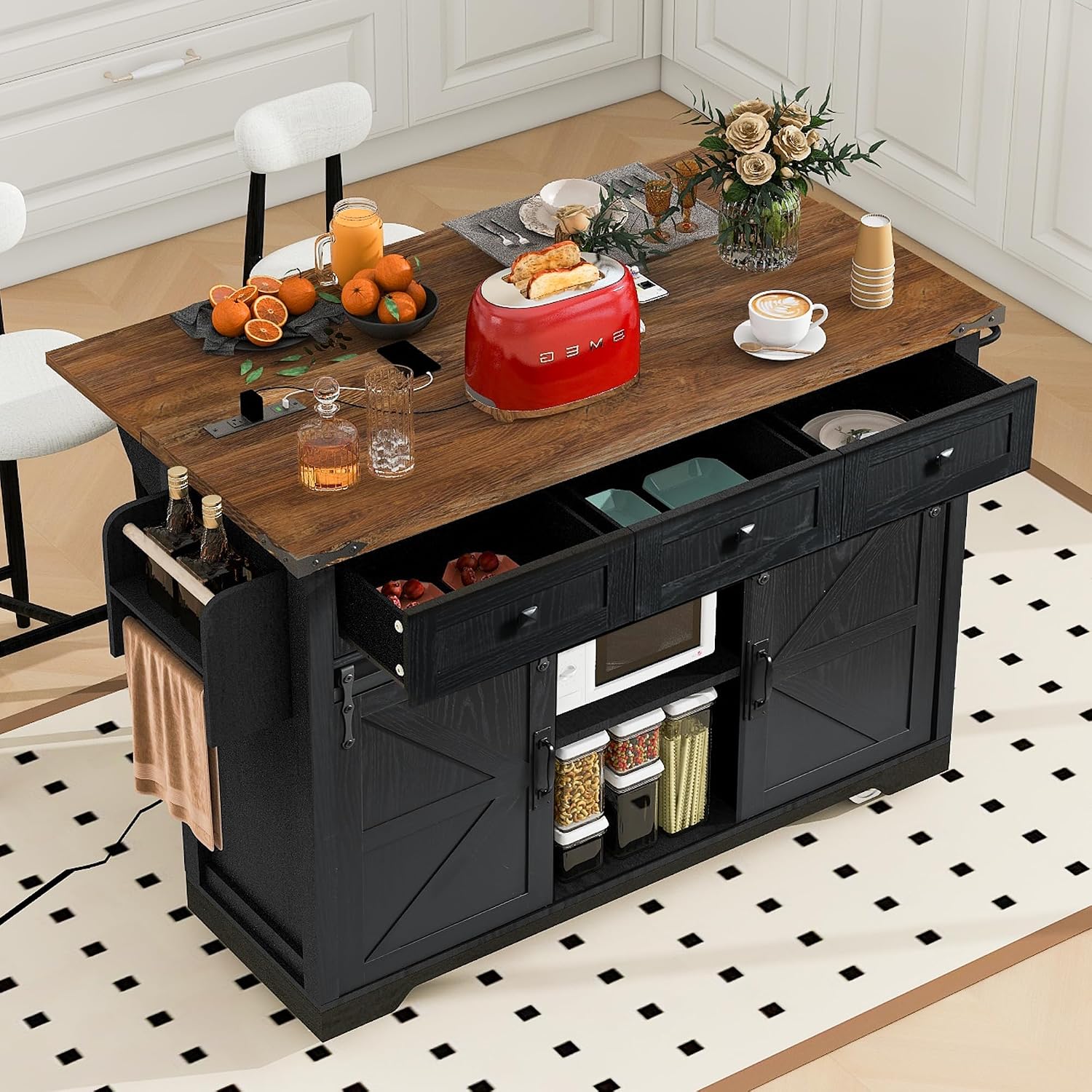 53.7' Farmhouse Rolling Kitchen Island Cart on Wheels with Power Outlet, Storage Island with Drop Leaf, Spice Rack, 2 Sliding Barn Door and Drawer for Dining Room Kitchens Living Room Black