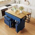 Farmhouse Kitchen Island with Drop Leaf and 2 Seatings, Kitchen Table Set with Storage Cabinet, Drawers, Door Shelves and Power Outlet Blue+Black+Brown