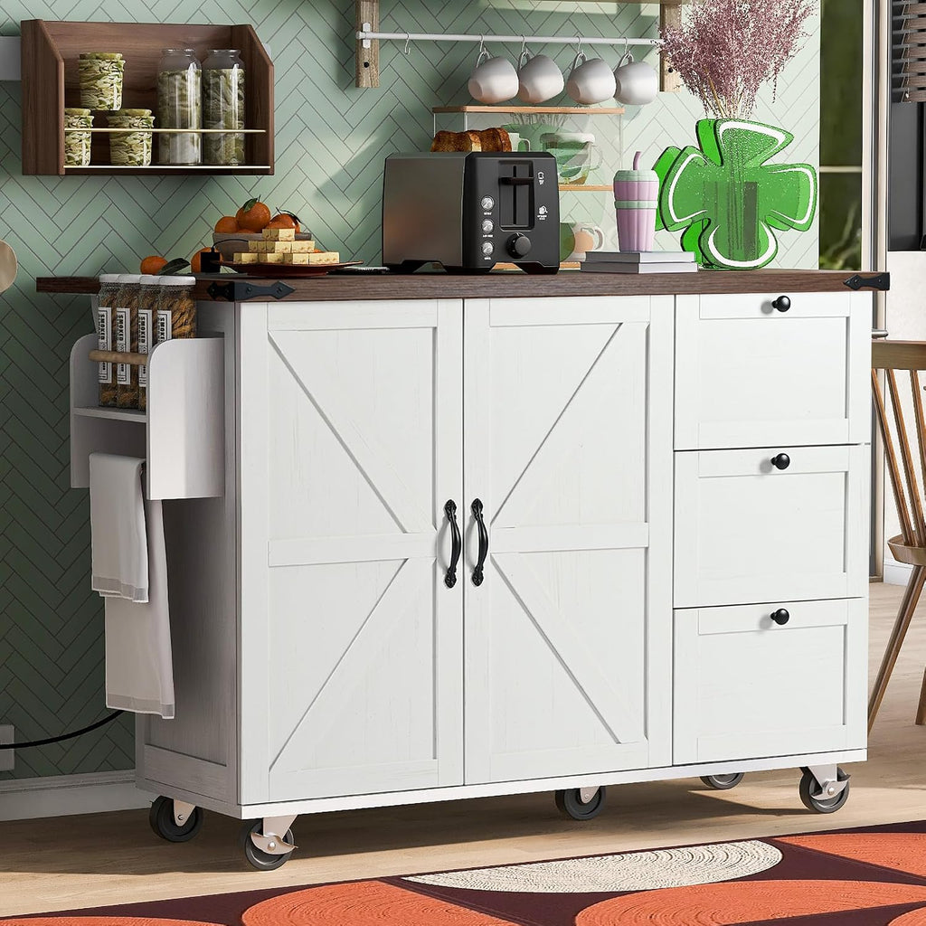Farmhouse Kitchen Island with Power Outlet, Drop Leaf, Spice Rack and Drawer,Rolling Kitchen Cart on Wheels,Kitchen Storage Island for Home Dining Room (White/p2)