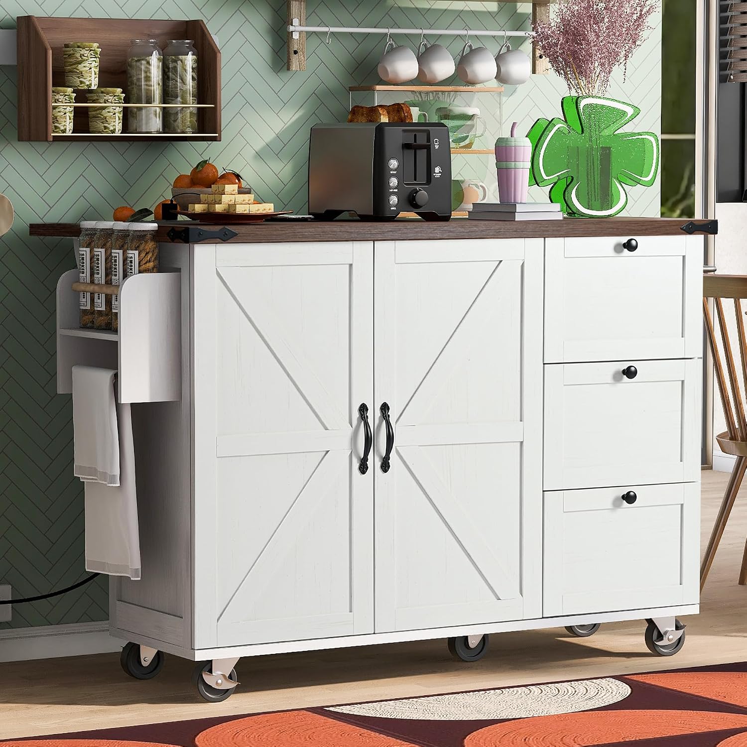 Farmhouse Kitchen Island with Power Outlet Rolling Kitchen Island Cart on Wheels with Storage Rack 3 Drawers Drop Leaf White and Light Brown for Kitchen Dining Room Built-in Charging Station
