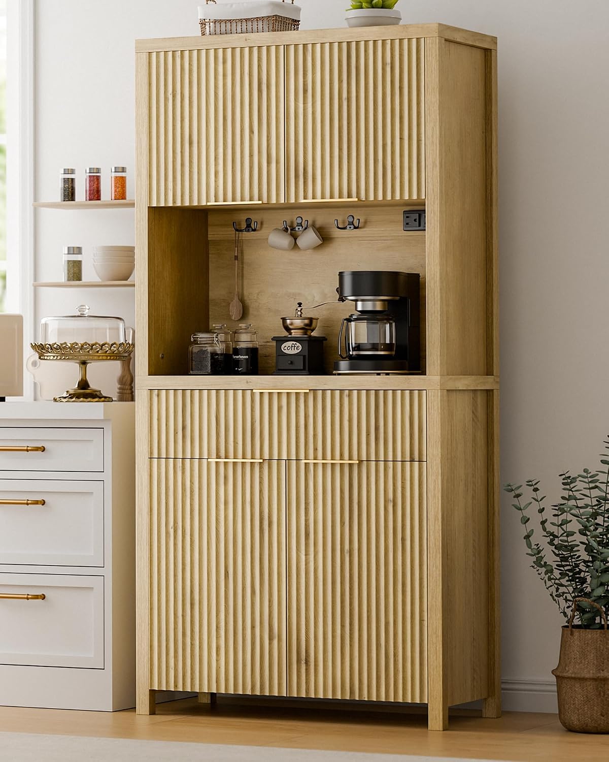 Lulive 71' Fluted Pantry Cabinet with Charging Station & Adjustable Shelves, Spacious Kitchen Storage Cabinet with Open Countertop & Drawer for Dining Room, Living Room, Natrual