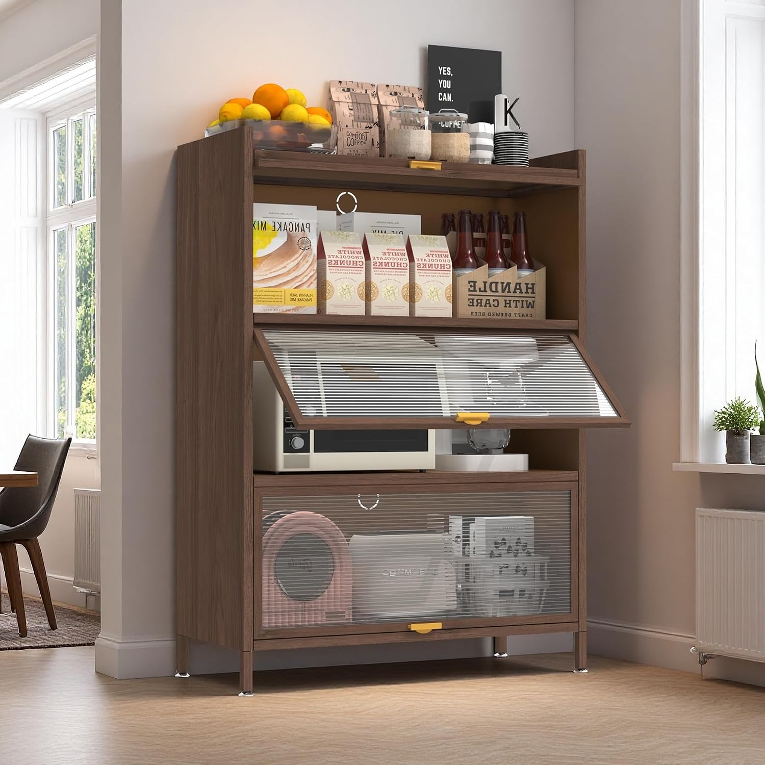 4-Tier Kitchen Pantry Cabinet with Microwave Shelf & Flip-Up Doors - Modern Freestanding Storage Cupboard with Adjustable Shelves & Fluted Glass Doors, Brown Buffet for Kitchen/Dining/Living Room