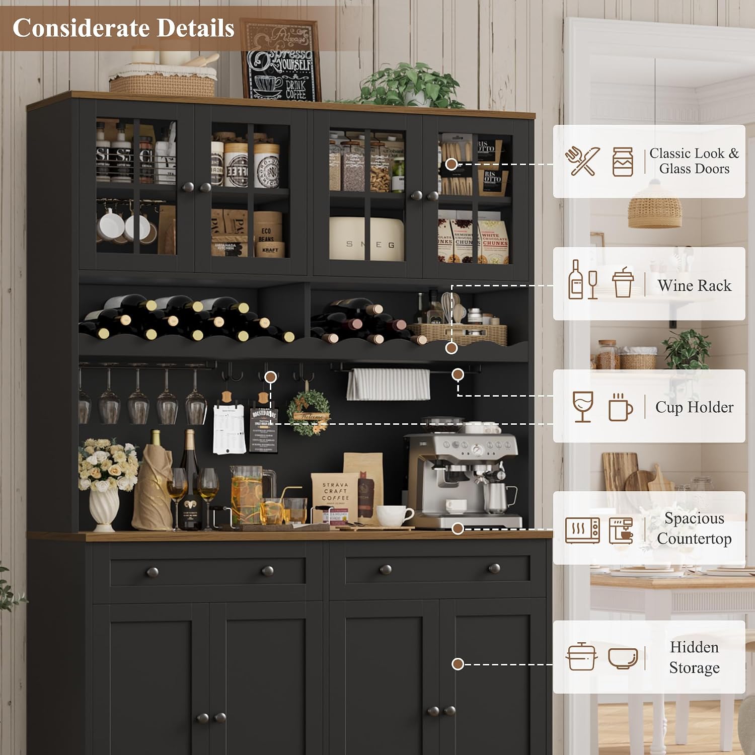 HOSTACK 75.4' Tall Kitchen Pantry Cabinet with Charging Station, Modern White Kitchen Hutch with Microwave Stand and Wine Rack, Large Food Pantry Storage Cabinet with Glass Doors and Drawers, Black