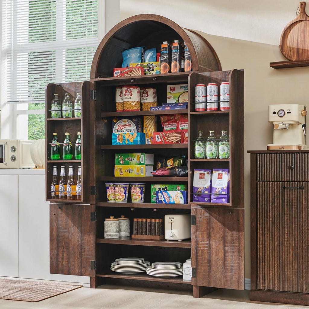 IFGET 71' Tall Arched Kitchen Pantry, Modern Fluted Wood Storage Cabinet with Doors, 3 Adjustable Shelves, 6 Door Shelves, Organizer, Versatile Cupboard for Kitchen, Bathroom, Brown