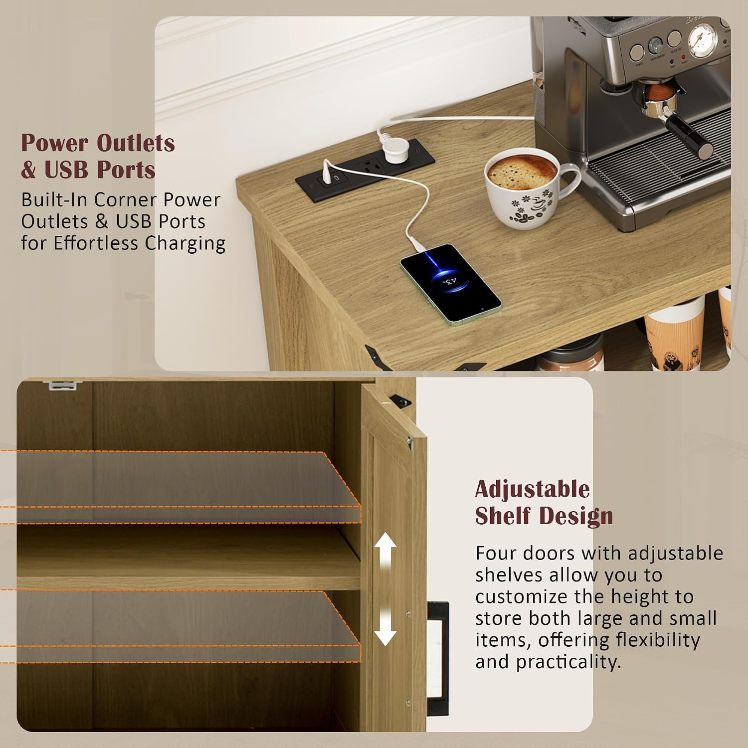 59' Modern Freestanding Storage Cabinet, Kitchen Storage Bakers Rack with Power Outlets, Utility Food Cupboard with Adjustable Shelves for Dining Room Living Room, Natural Wood