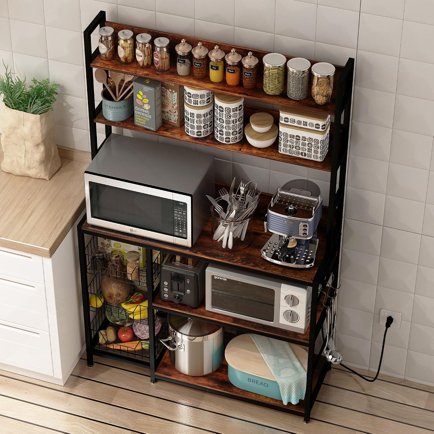 Bakers Rack with Baskets and Power Outlet, 5-Tier Kitchen Utility Storage Shelf with Hooks, Microwave Oven Stand Rack, Vintage Brown Free Standing Kitchen Shelf
