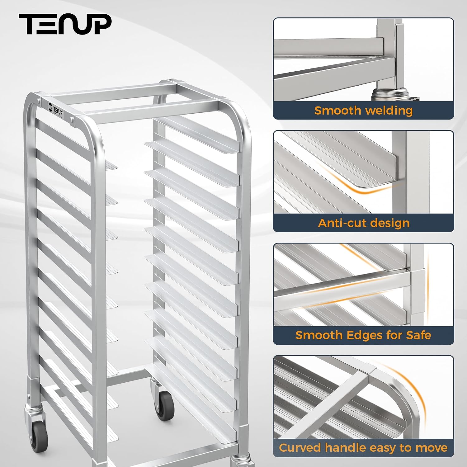 TenUp 10-Tier Half Size Sheet Pan Rack, Heavy-Duty Aluminum Bakery Rack with Wheels – Commercial Cooling & Storage Cart – 18' L x 15.5' W x 36' H