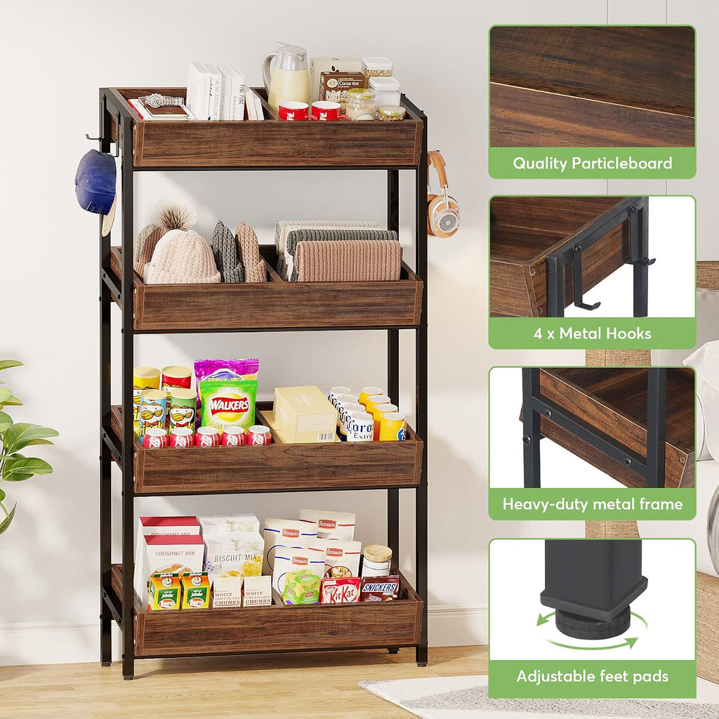 LITTLE TREE 4-Tier Wood Fruit Vegetable Storage Basket Stand Set of 2, Versatile Utility Shelf Rack for Kitchen, Office, Store, Supremarket, Vintage Brown