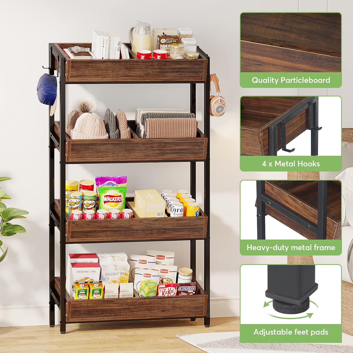 LITTLE TREE 4-Tier Wood Fruit Vegetable Storage Basket Stand Set of 2, Versatile Utility Shelf Rack for Kitchen, Office, Store, Supremarket, Vintage Brown