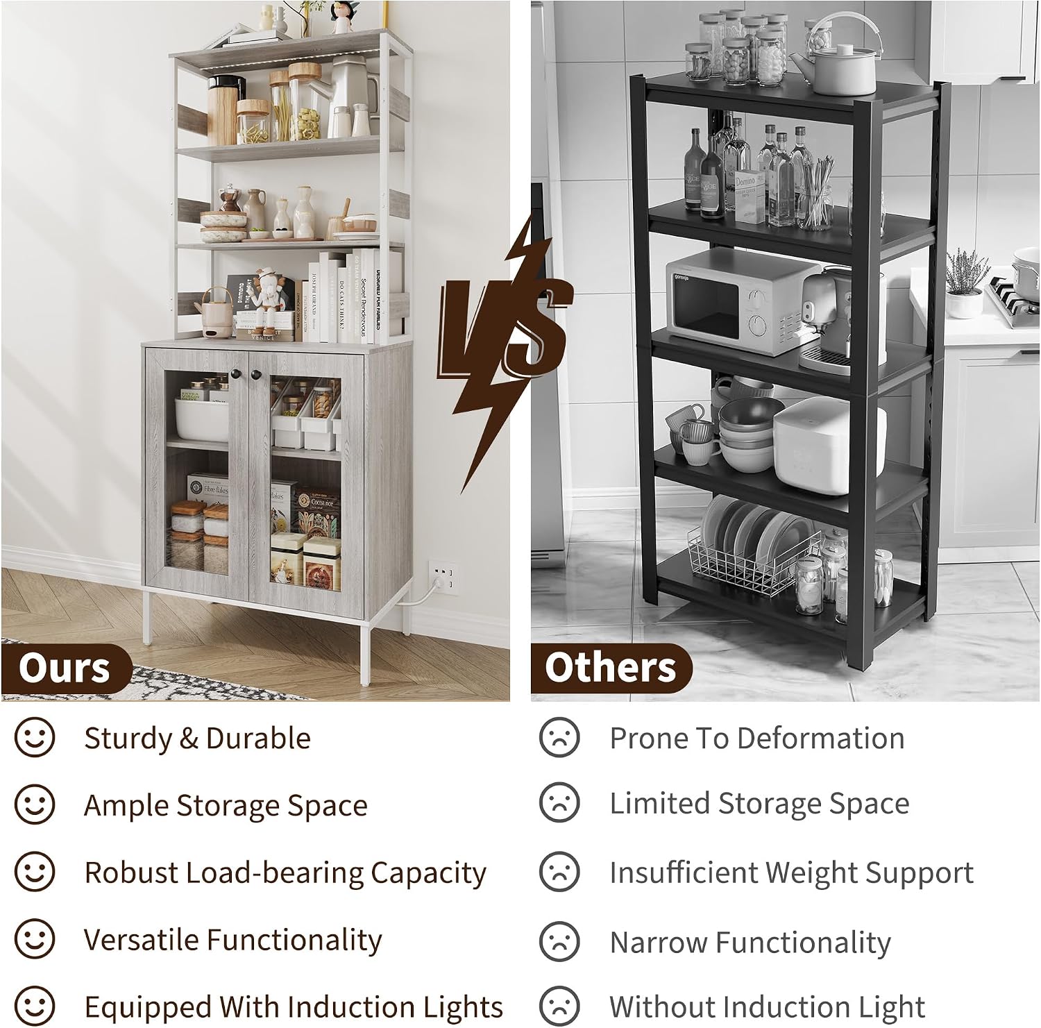 Takywep Coffee Bar Cabinet, Kitchen Bakers Rack + Power Outlet, Pantry Cabinet + RGB LED Lights + Music Sync, Display Cabinet + Glass Doors + Adjustable Shelves, 66.9' h，Gray