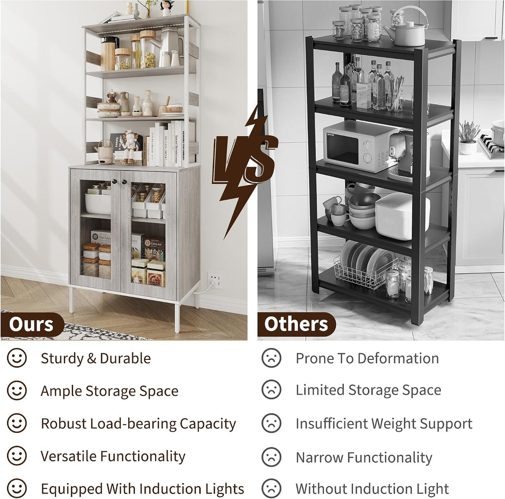 66.9' Bar Cabinet with Power Outlets & LED Lights, Pantry Cabinet with Glass Doors, Kitchen Bakers Rack, Microwave Stand Bakers Rack Cabinet for Dining Room, Living Room, Hallway