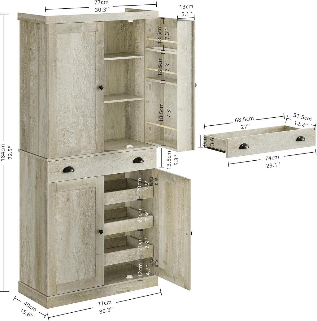 IRONCK Kitchen Pantry Cabinet 72' Height, Freestanding Cupboard with Drawer, Sliding Storage Rack, and 6 Hanging Shelves for Dining Room, Laundry, Rustic Maple