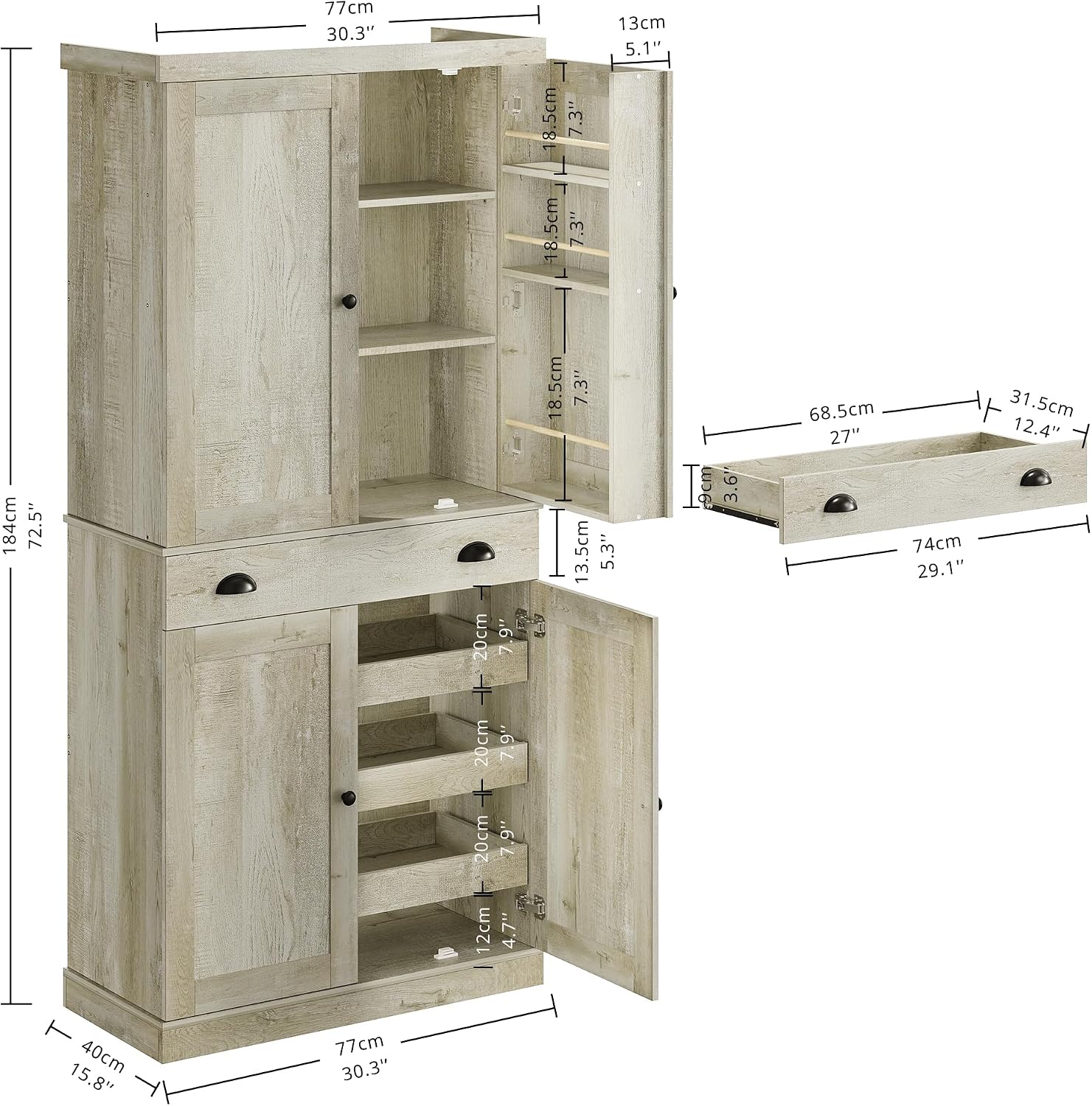 IRONCK Kitchen Pantry Cabinet 72' Height, Freestanding Cupboard with Drawer, Sliding Storage Rack, and 6 Hanging Shelves for Dining Room, Laundry, Rustic Maple