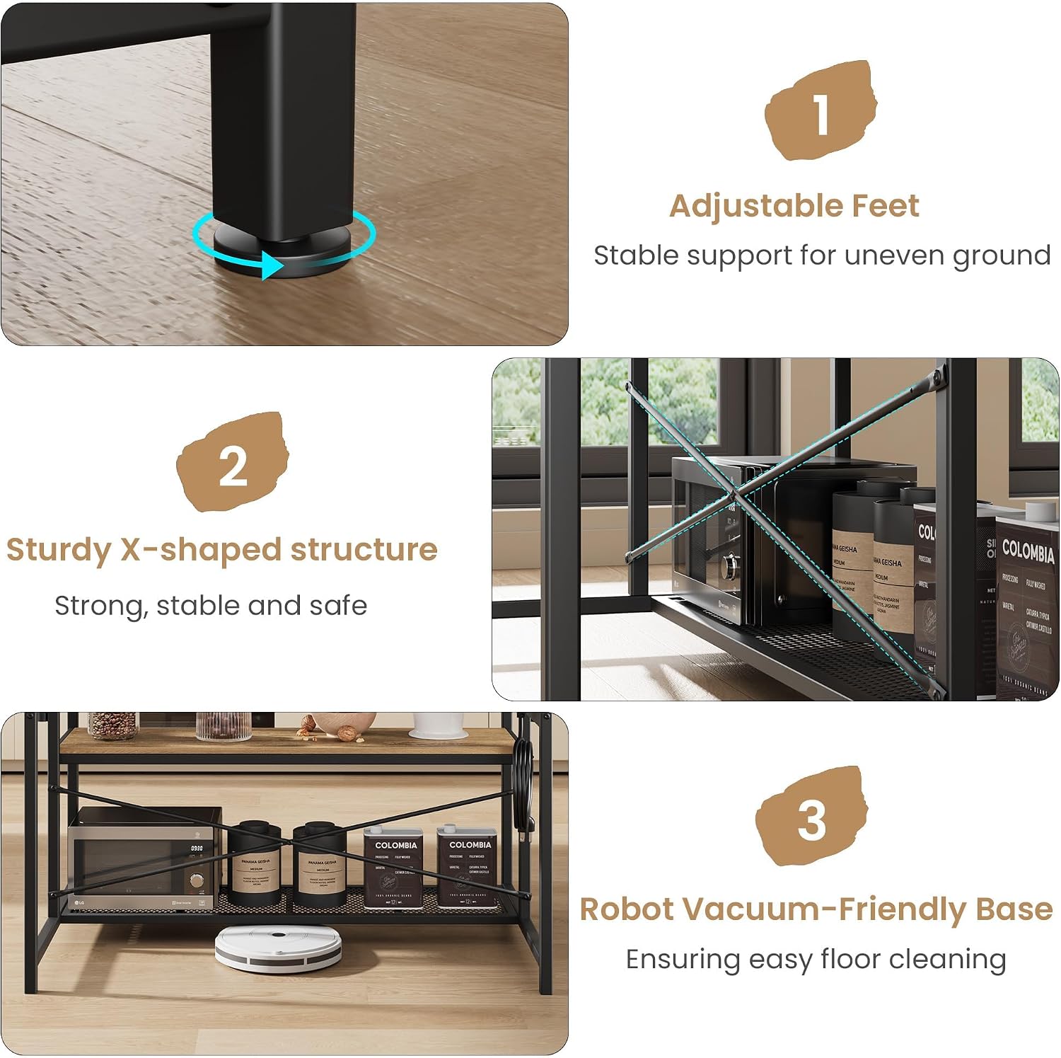 GAOMON 42' Kitchen Island Table Baker Rack with Power Outlet & 2 Bar Stools, Kitchen Storage Shelf with 3-Tier Storage & 5 Hooks, Microwave Stand Coffee Bar Table for Dining Living Room (Natural)
