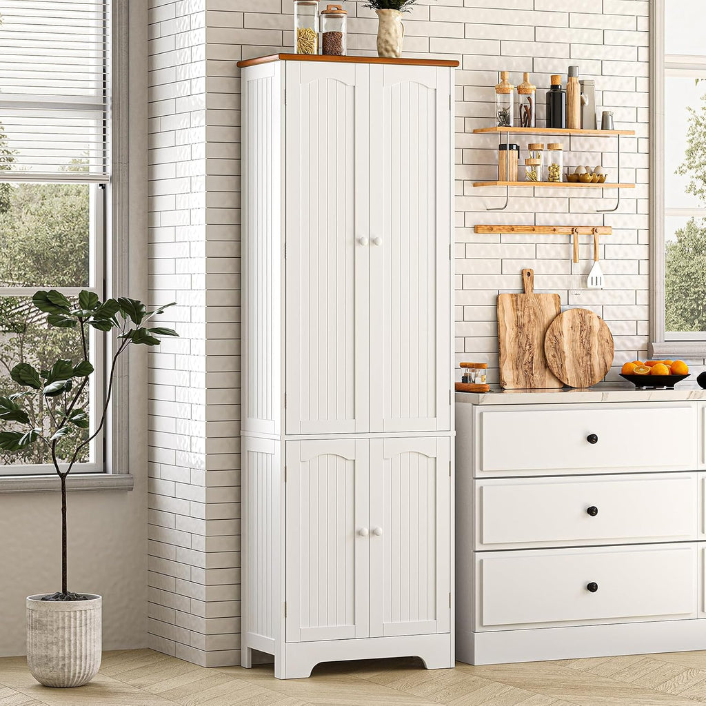 Wood Storage Cabinet- 72.2'' Pantry Cabinets for Kitchen Storage, 4 Door Freestanding Cupboard, Tall Narrow Storage Cabinets for Bathroom, Dining Room, Living Room, Laundry, Garage, Entryway,White