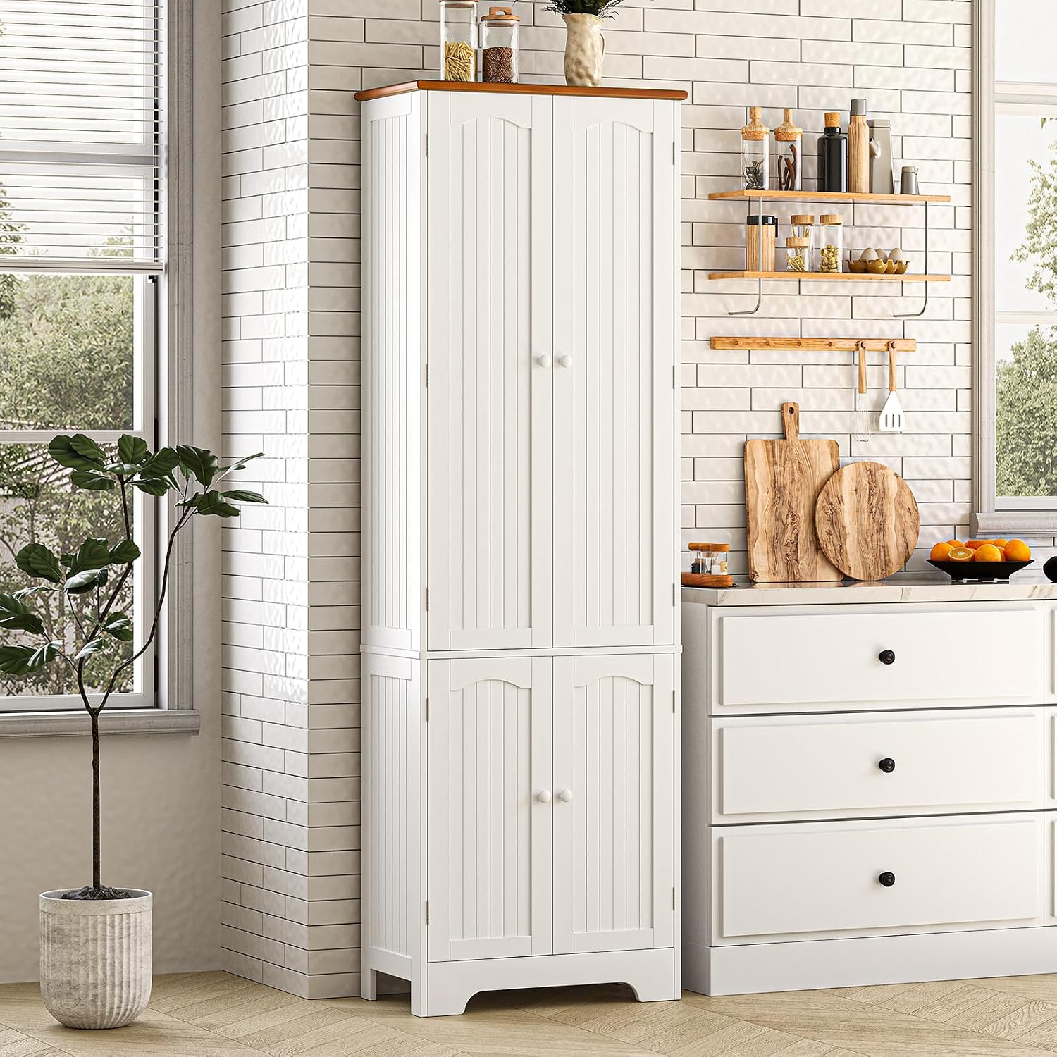 Wood Storage Cabinet- 72.2'' Pantry Cabinets for Kitchen Storage, 4 Door Freestanding Cupboard, Tall Narrow Storage Cabinets for Bathroom, Dining Room, Living Room, Laundry, Garage, Entryway,White