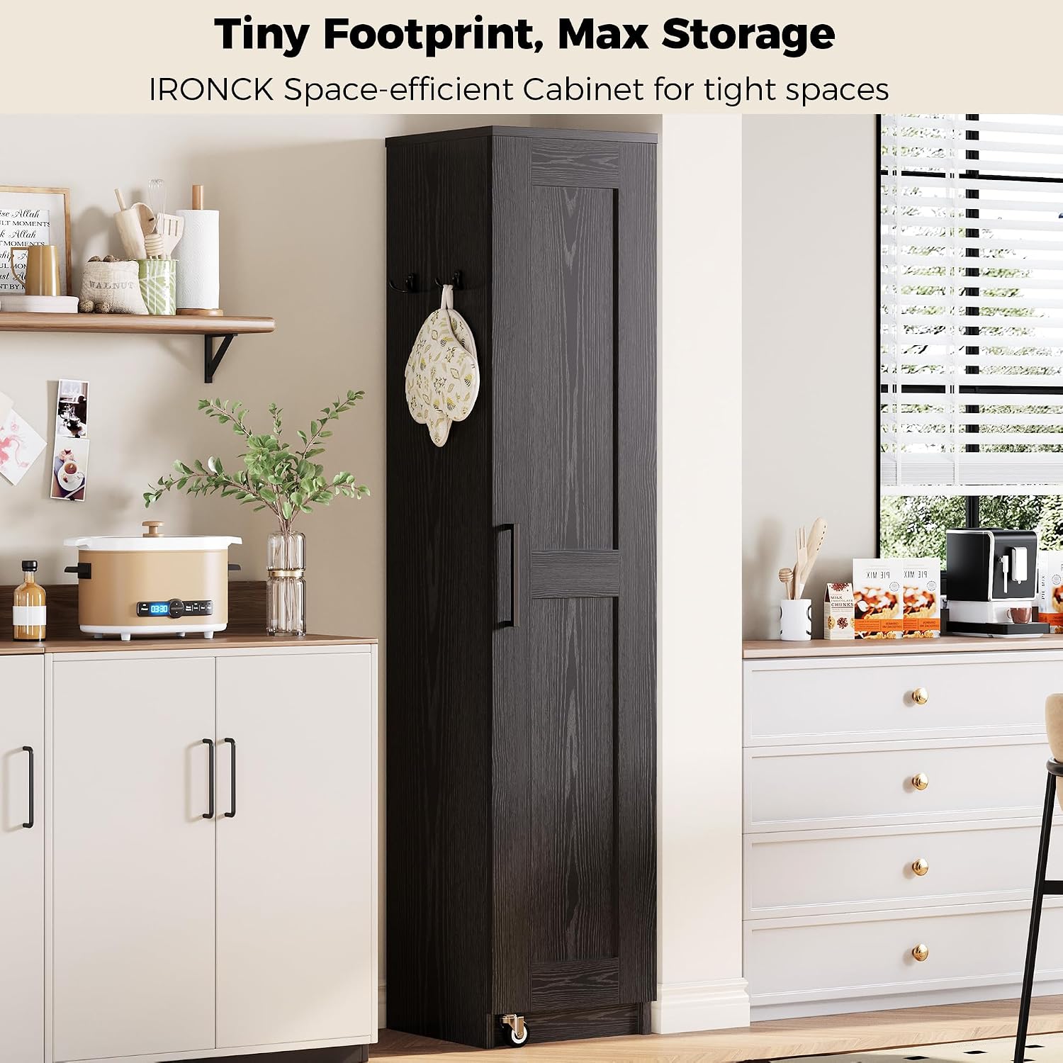 IRONCK Narrow Kitchen Pantry Storage Cabinet, 72' Slim Single Door with 6 Adjustable Shelves, Door Rack and Wheels, Space Saving Freestanding Storage Floor Cabinet for Small Place, Black
