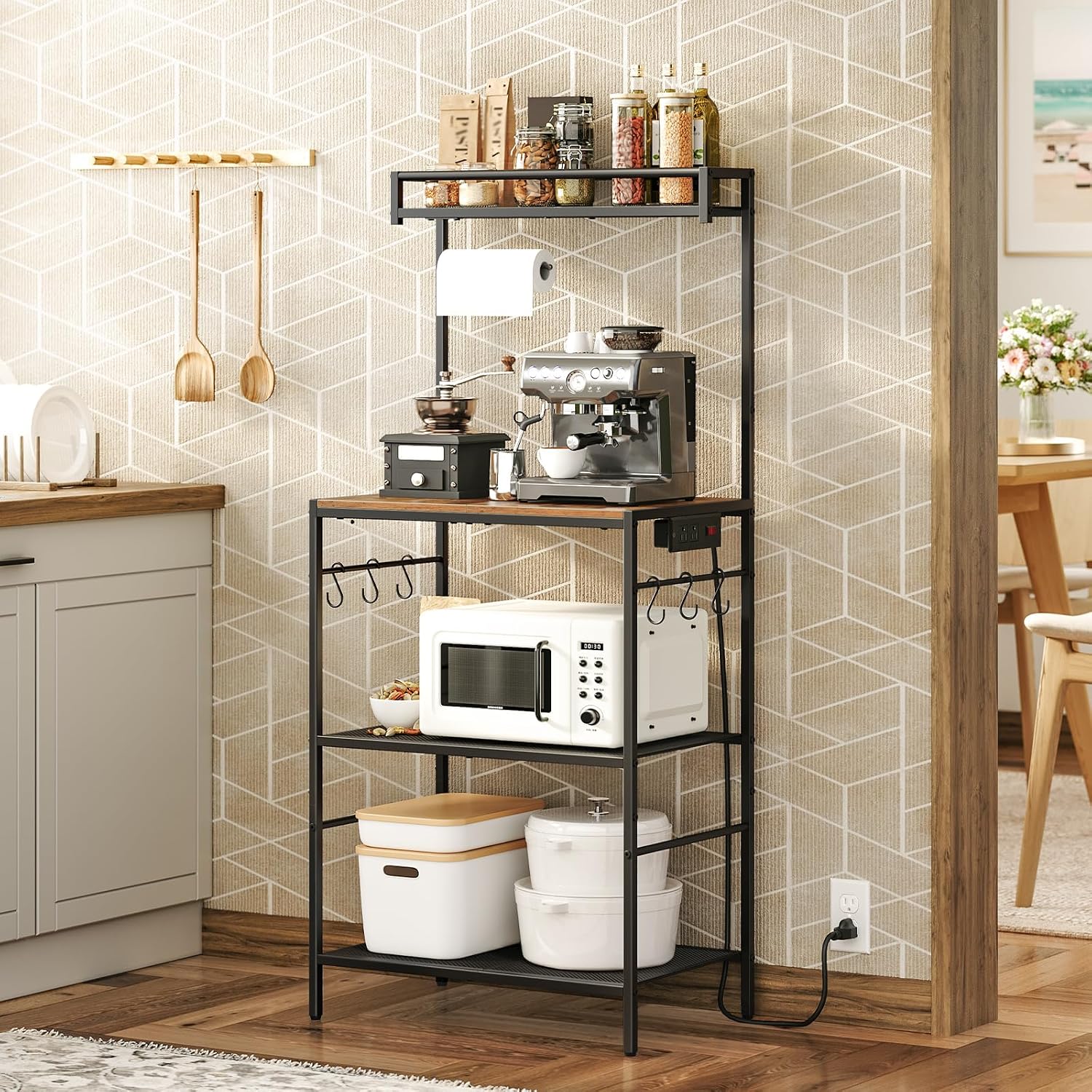 MAHANCRIS Bar Cart for Home and Bakers Rack with Power Outlet Bundle, Coffee Bar Station, RCJ61B01-BRHR36E01