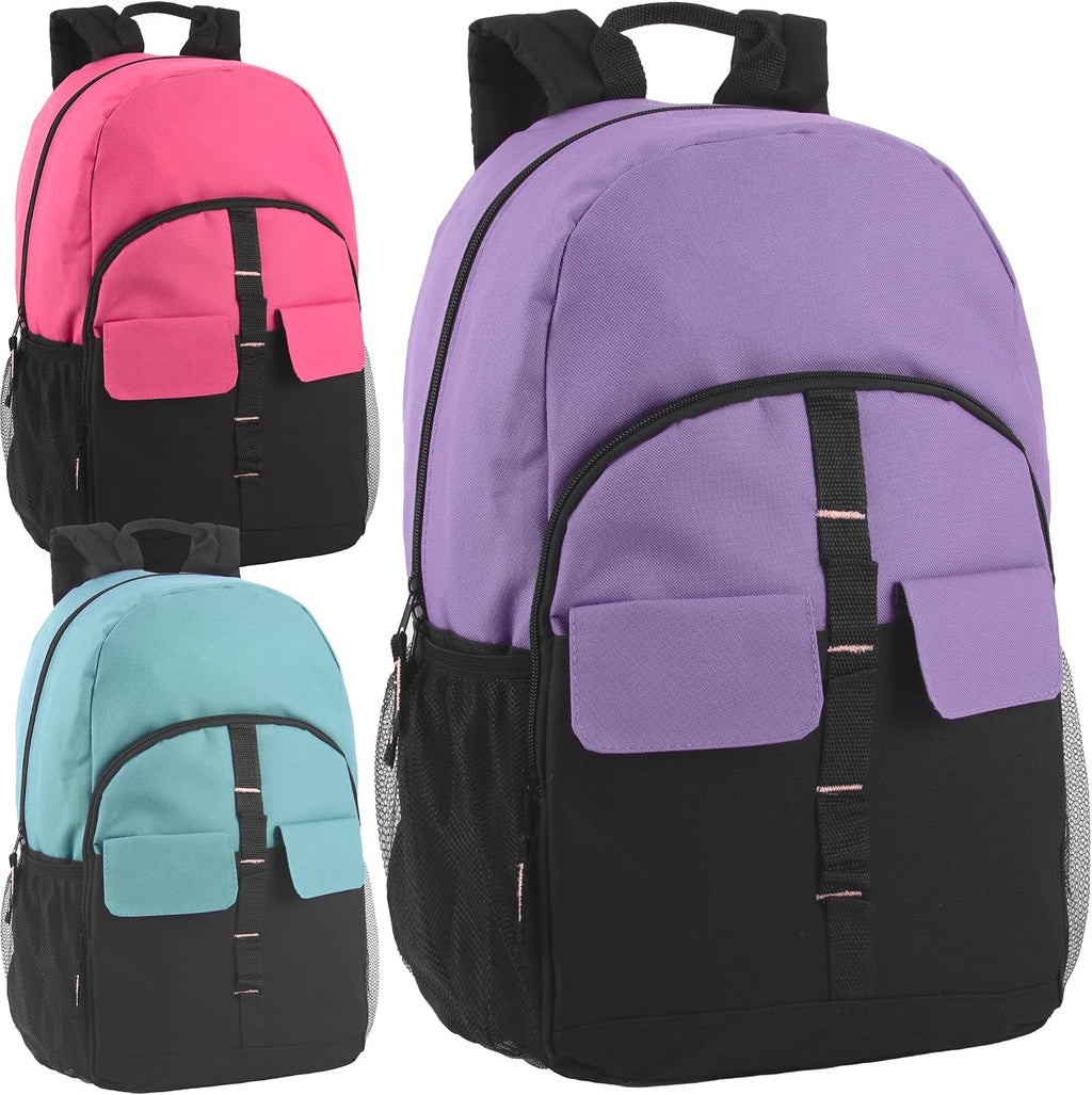 Trail maker 24 Pack Backpacks in Bulk | Wholesale Multipocket Backpacks with Side Water Bottle Pockets for Sports Teams, Homeless (Female Colors Pack)
