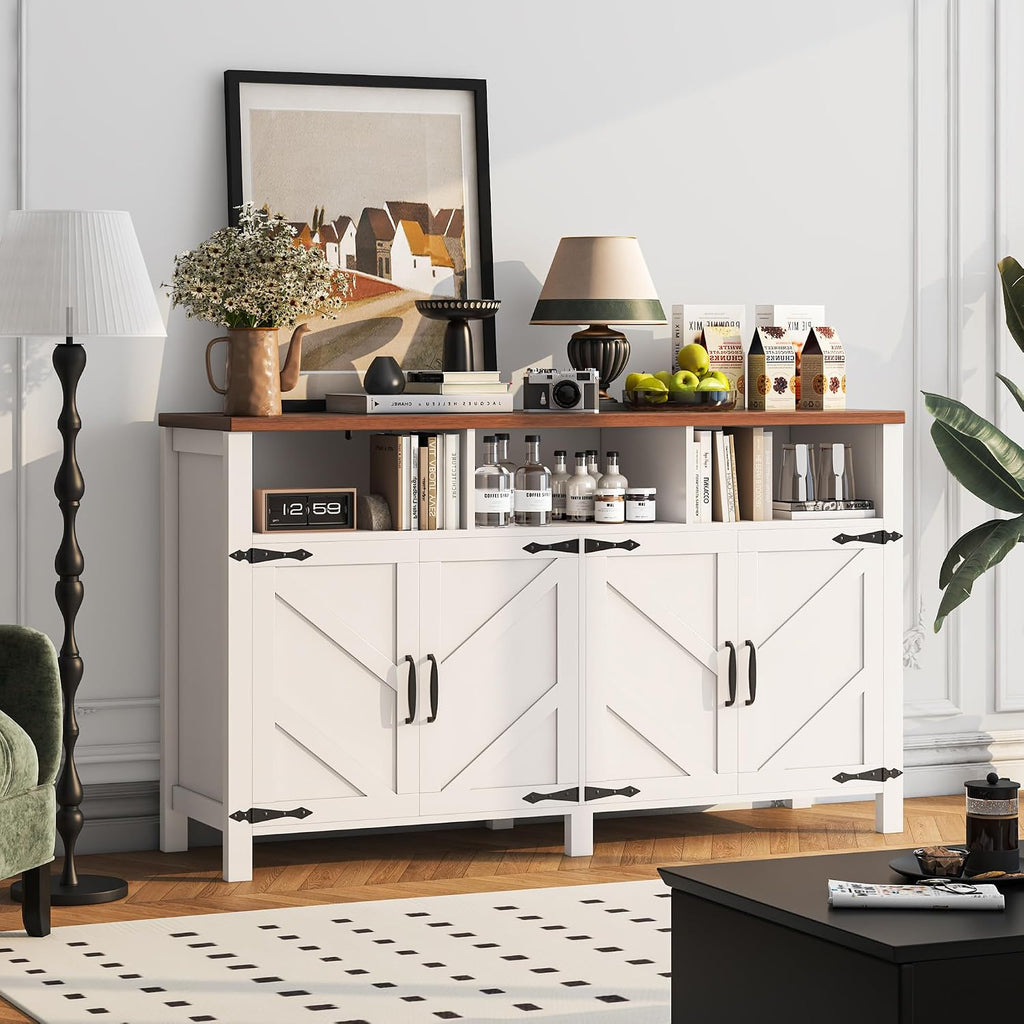 knoworld Buffet Sideboard with Storage Farmhouse with 4 Doors, 55'' Large Kitchen Storage Cabinet Wood Coffee Bar Cabinet Buffet Table with Shelves for Kitchen, Dining Room, Entryway