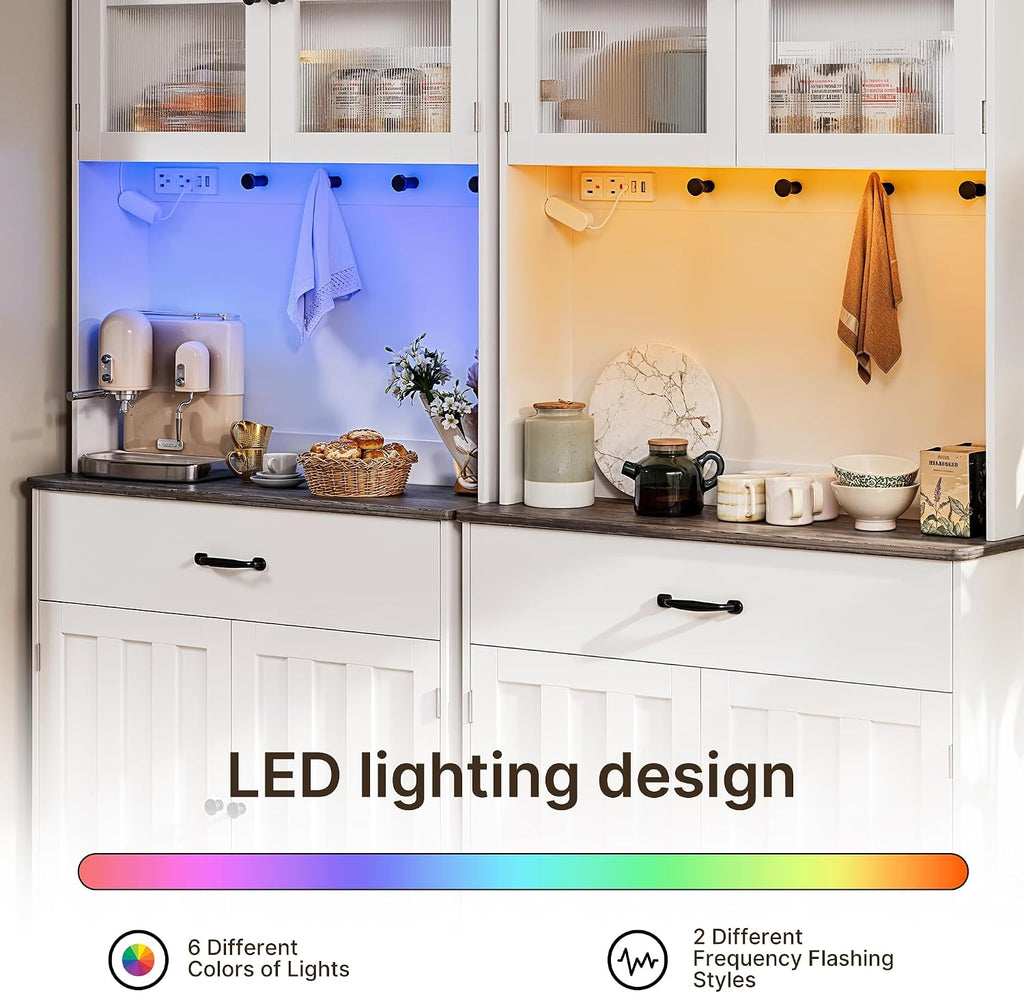 Gizoon 71' H Pantry Cabinet with LED Lights, Tall Farmhouse Kitchen Storage Cabinet with Charging Station, Modern Coffee Bar with Doors and Drawers, for Dining Room, Tabletop-Grey