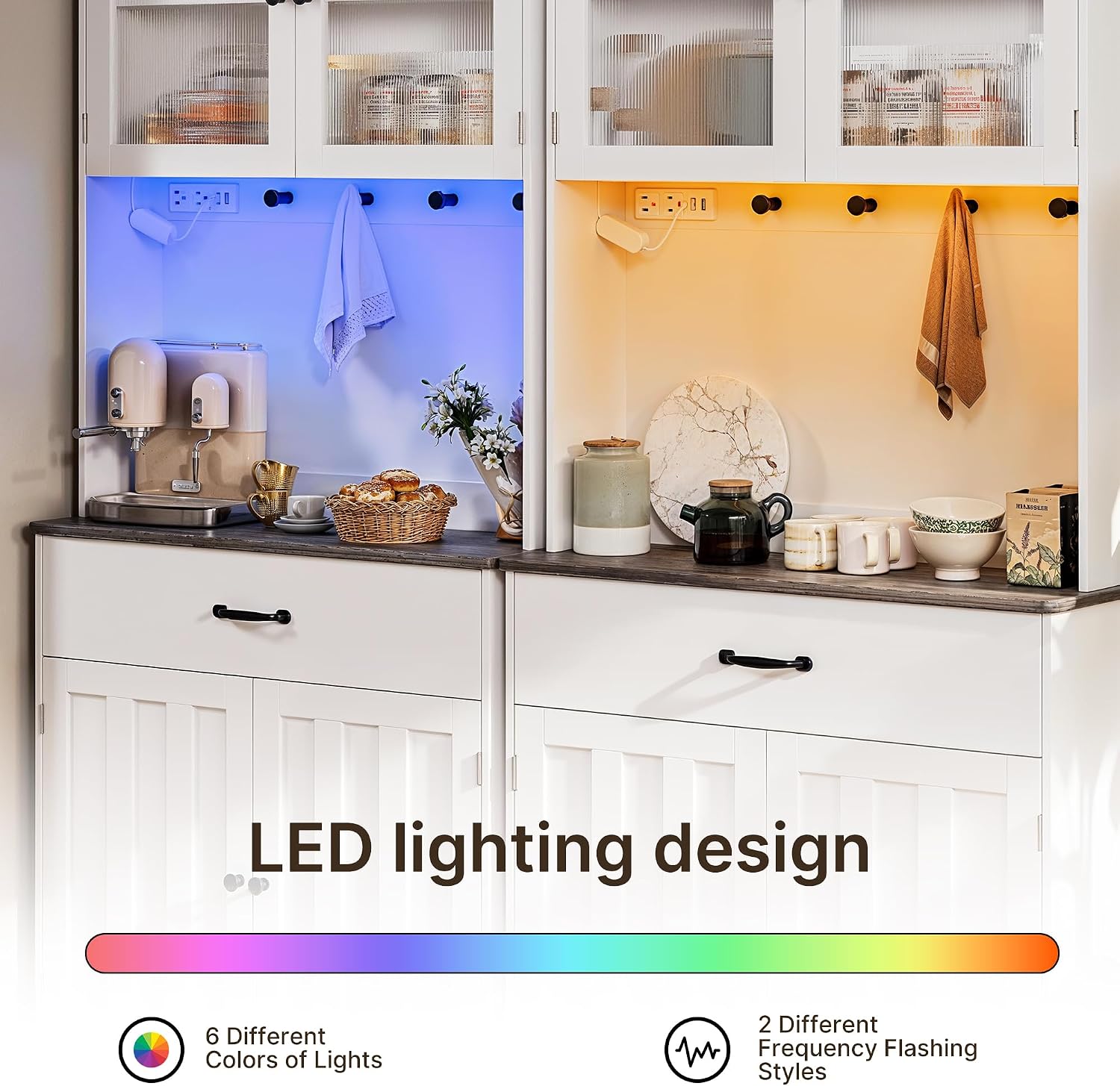 Gizoon 71' H Pantry Cabinet with LED Lights, Tall Farmhouse Kitchen Storage Cabinet with Charging Station, Modern Coffee Bar with Doors and Drawers, for Dining Room, Tabletop-Grey