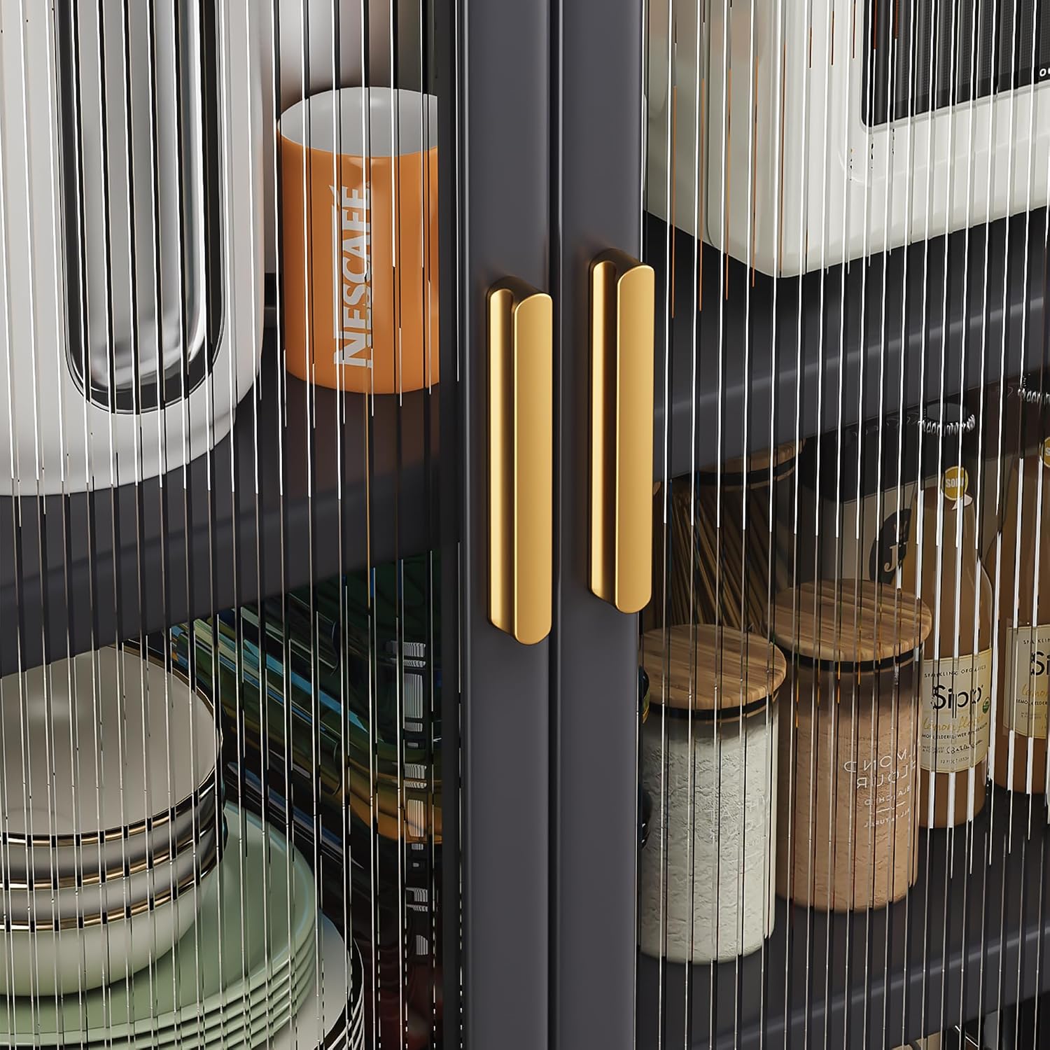 Kitchen Pantry Storage Cabinet, 6 Tier 65' H Metal Sideboard with Wheels and Acrylic Glass Door, Modern Kitchen Storage Rack for Home, Office,Pantry