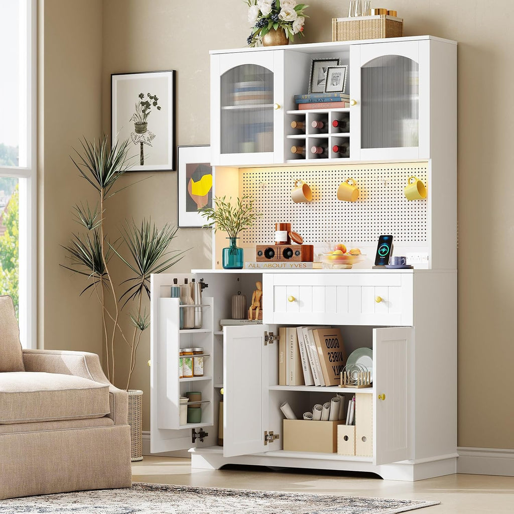 ONBRILL 71' Pantry Storage Cabinet with Microwave Shelf & Door Shelves, Kitchen Wood Pantry with Outlet & LED Light, Kitchen Hutch with DIY Pegboard & 6 Hook, Modern Cabinet with Drawer & Wine Rack