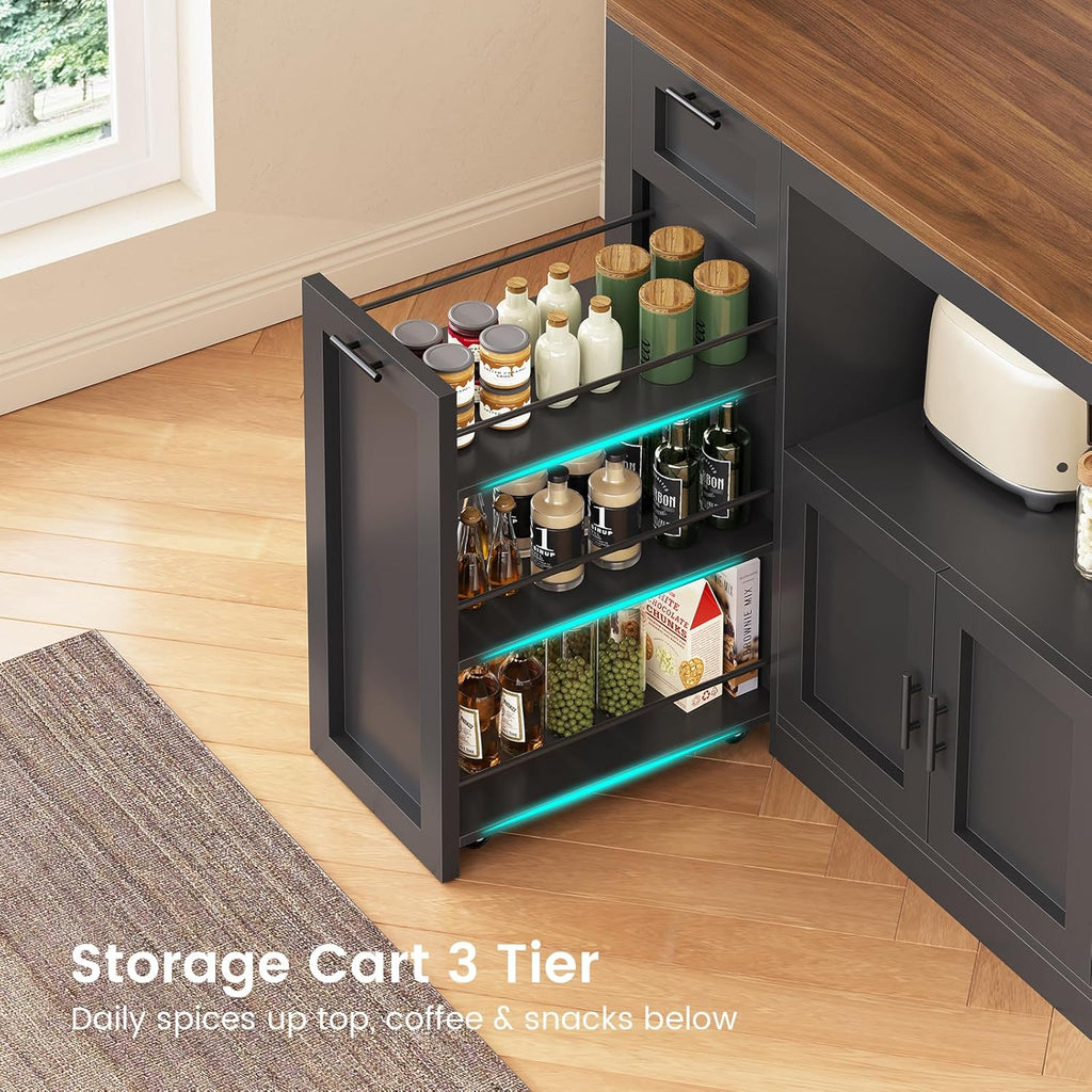 Itaar 71' Pantry Cabinet with Charging Station and LED Light, Kitchen Pantry Cabinet with Microwave Stand, 47.2' Wide Kitchen Storage Cabinets with Storage Cart 3 Tier for Dining Room, Black