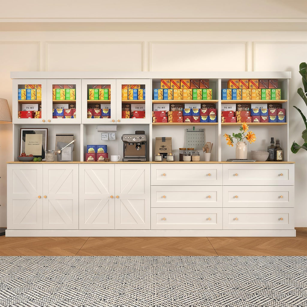 71' Tall Farmhouse Kitchen Pantry, Large Storage Cabinet with Glass Doors and Drawers, Freestanding Coffee Bar Hutch with Microwave Stand, Adjustable Shelves for Kitchen, Living Room, White 4 Pcs