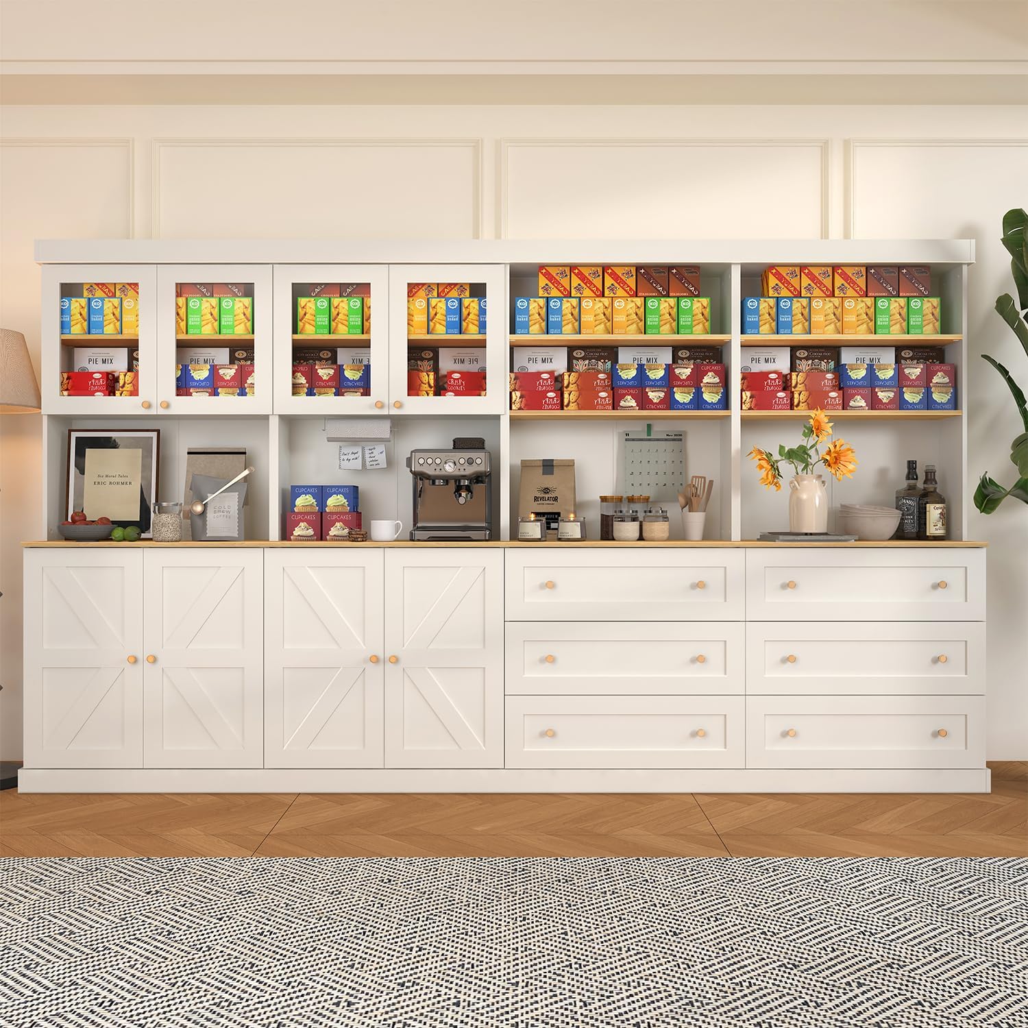 71' Tall Farmhouse Kitchen Pantry, Large Storage Cabinet with Glass Doors and Drawers, Freestanding Coffee Bar Hutch with Microwave Stand, Adjustable Shelves for Kitchen, Living Room, White 4 Pcs