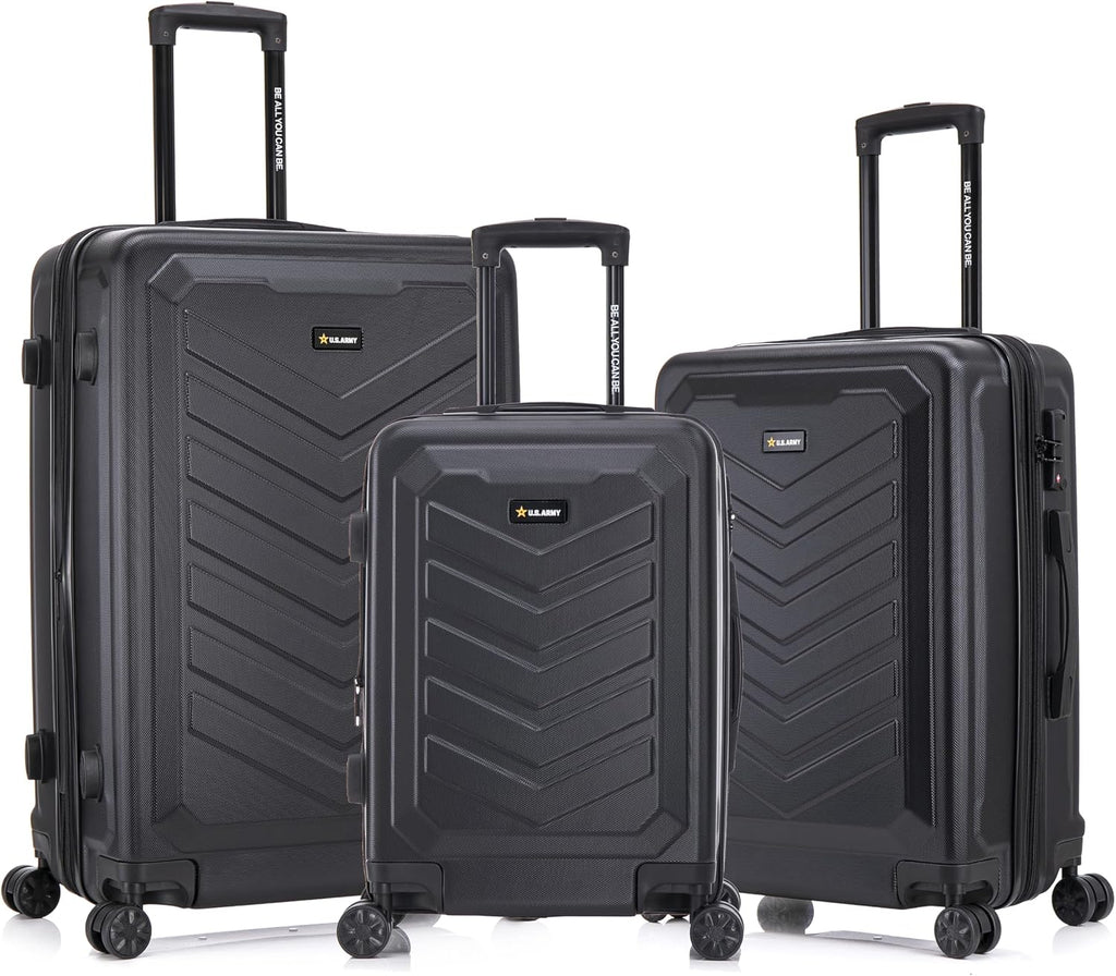 US ARMY Fox Pro 3 Pcs Set Expandable Suitcase with TSA Lock | 20, 24, 28 inch Lightweight Hardshell Luggage with Spinner Wheels, Chevron Icon, Gel Handle, Retractable Trolley, Side Studs | Black