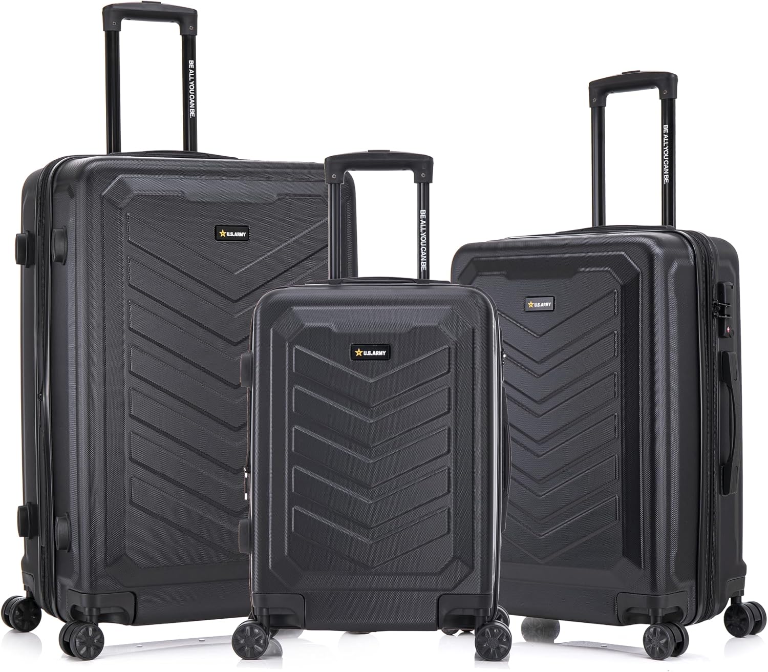 US ARMY Fox Pro 3 Pcs Set Expandable Suitcase with TSA Lock | 20, 24, 28 inch Lightweight Hardshell Luggage with Spinner Wheels, Chevron Icon, Gel Handle, Retractable Trolley, Side Studs | Black