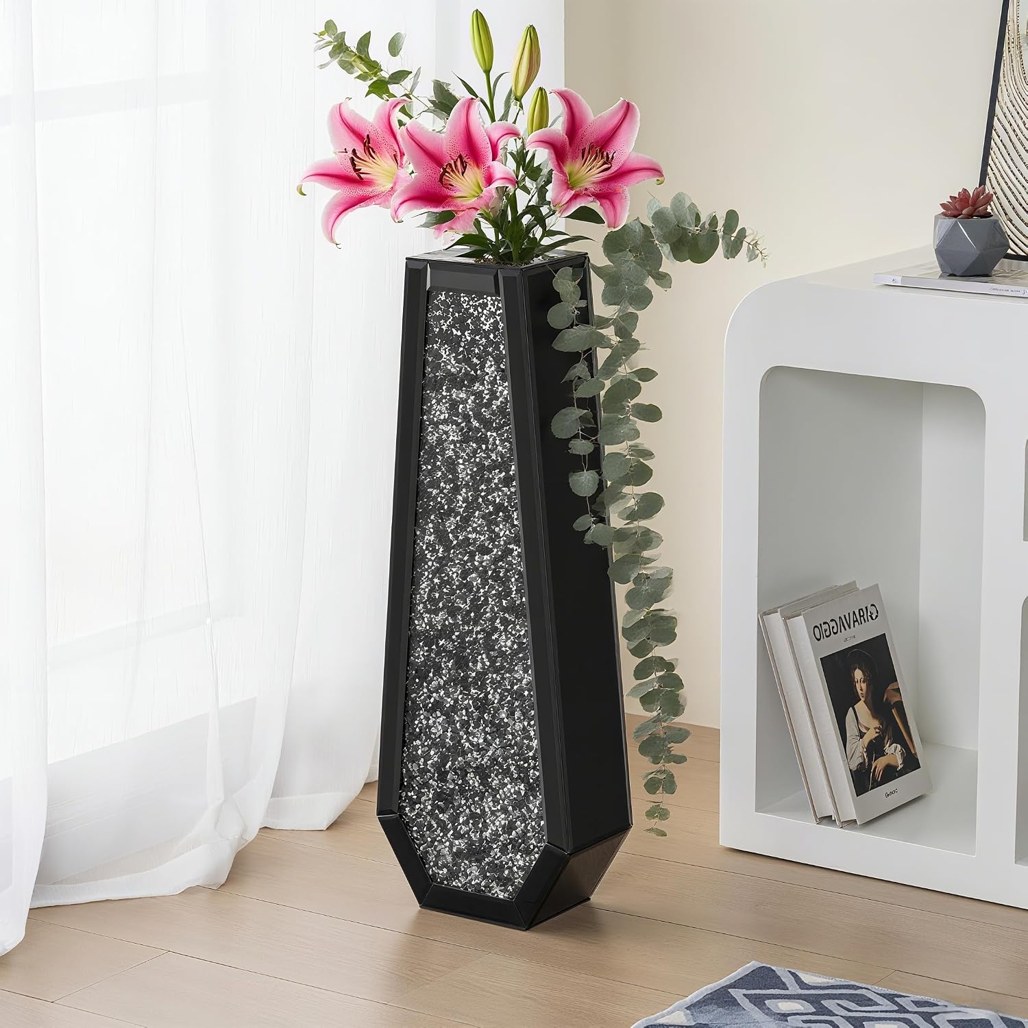 SHYFOY 30' Tall Floor Vase Black Crushed Diamond Tall Vases for Decor Living Room Floor Large Crystal Glass Decorative Floor Vase for Living Room Office Home Decor