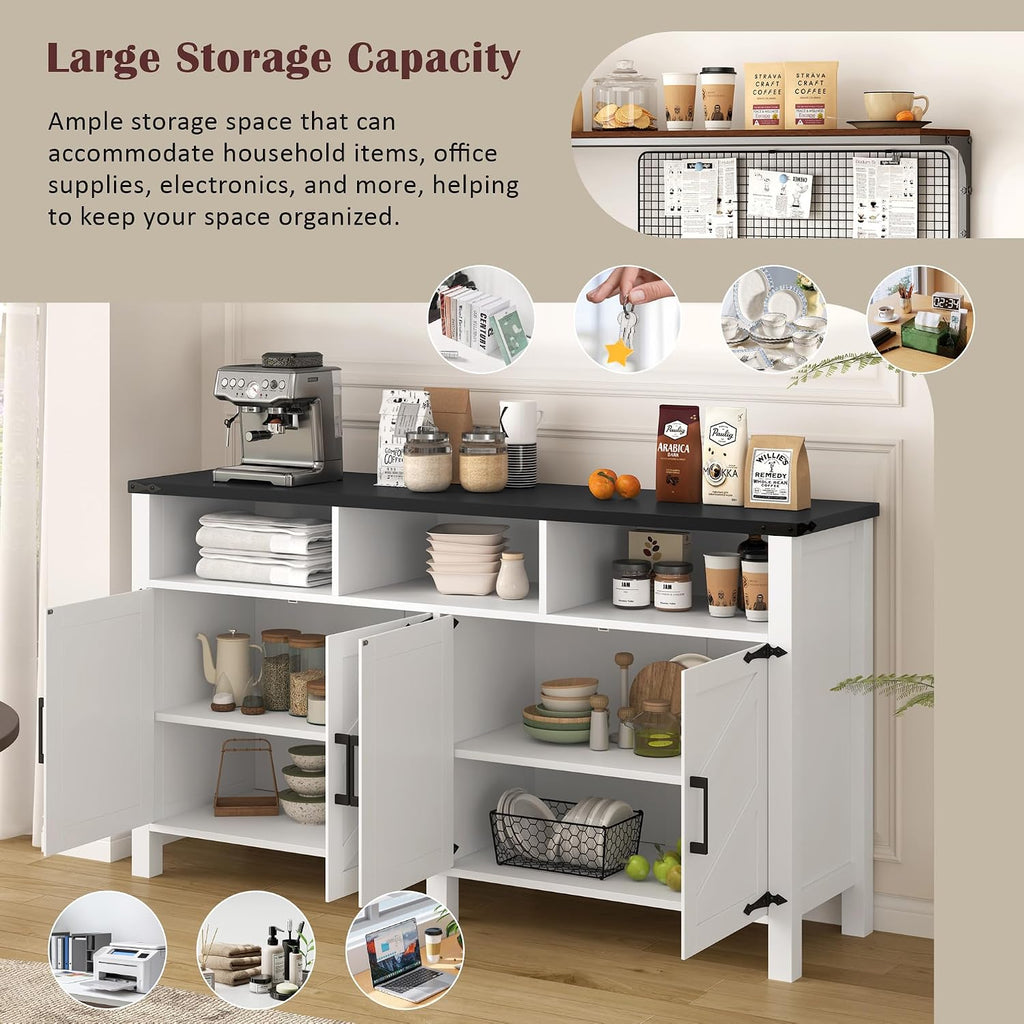 59' Modern Freestanding Storage Cabinet, Kitchen Storage Bakers Rack with Power Outlets, Utility Food Cupboard with Adjustable Shelves for Dining Room Living Room, White+Black