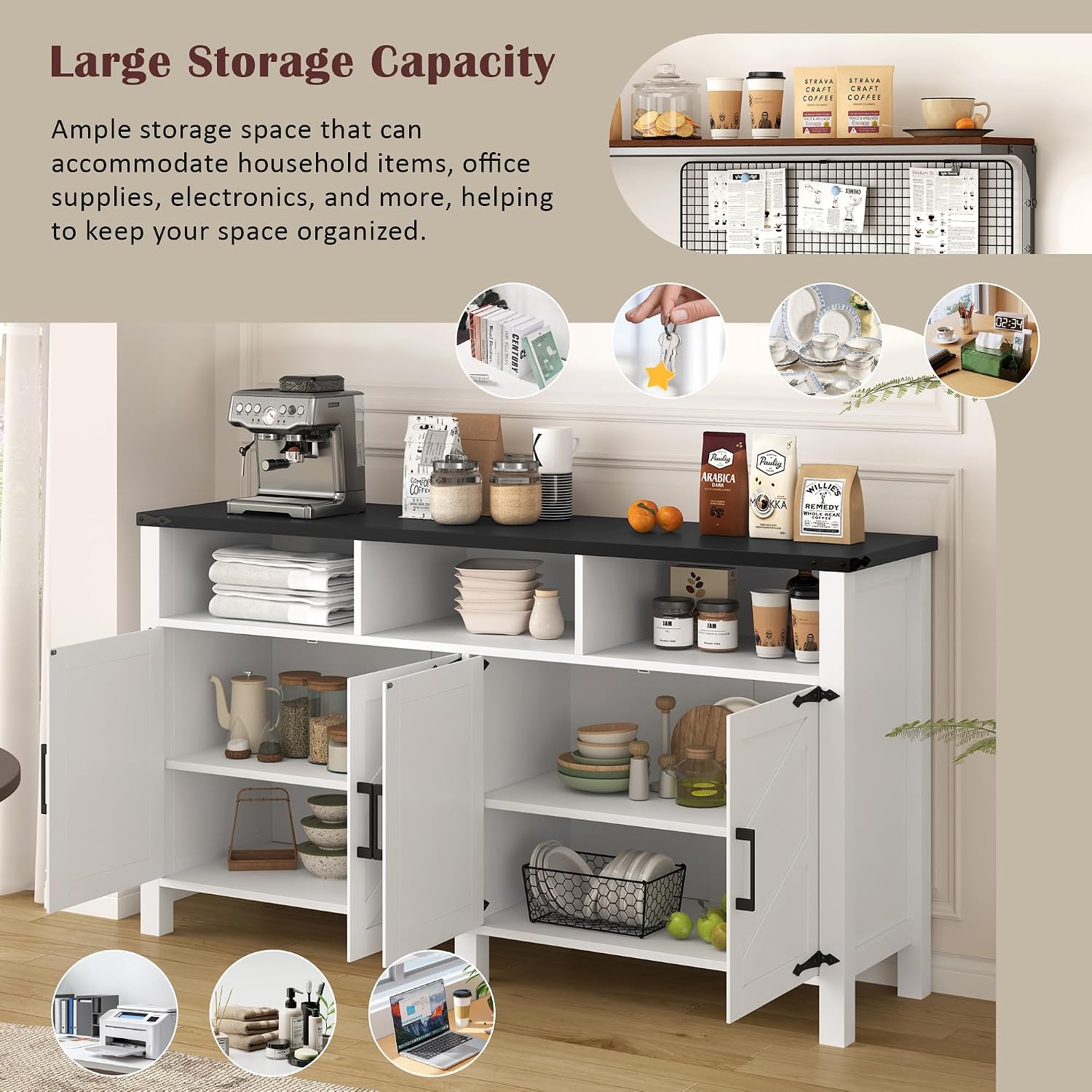 59' Modern Freestanding Storage Cabinet, Kitchen Storage Bakers Rack with Power Outlets, Utility Food Cupboard with Adjustable Shelves for Dining Room Living Room, White+Black