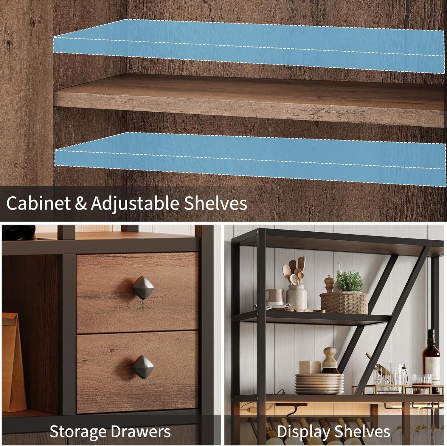 Bakers Rack - Power Outlet & LED Light, Microwave Stand with Storage, Farmhouse Coffee Bar Cabinet Station with Wine Rack, Goblet Holder, and Kitchen Dining Room Use.