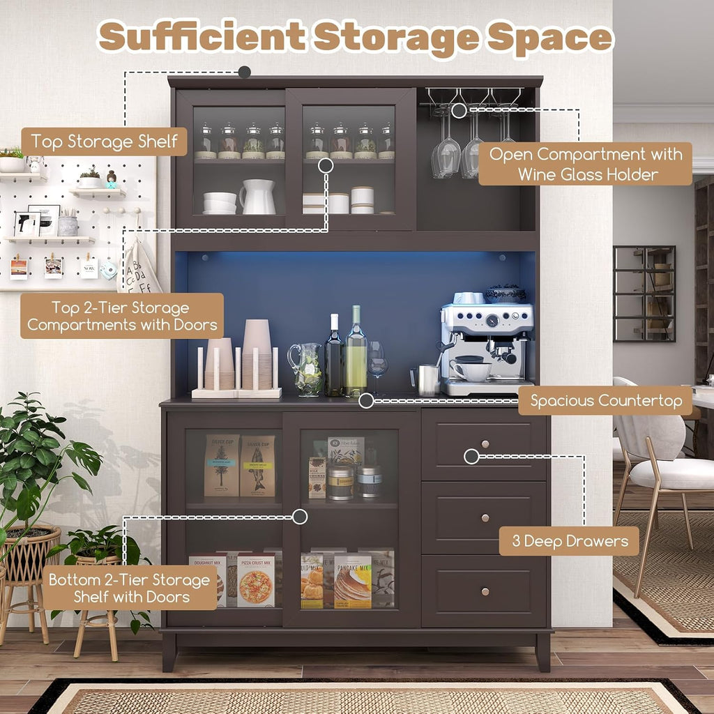 Giantex 73' Kitchen Pantry Storage Cabinet, Hutch Cabinet with LED Lights & Power Outlet, Kitchen Buffet Sideboard w/Wine Glass Racks, Countertop, Adjustable Shelf, Drawers for Dining Room (Espresso)