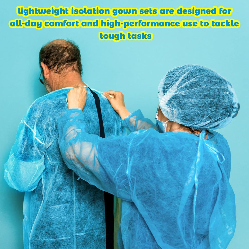 Xuhal 300 Pack Disposable Isolation Gowns PPE Gowns Disposable Bulk Fully Closed Double Tie Back Elastic Cuffs for Home Isolation, Labs, Dental, Beauty Agencies, Tattoo Practices, Unisex (Blue)