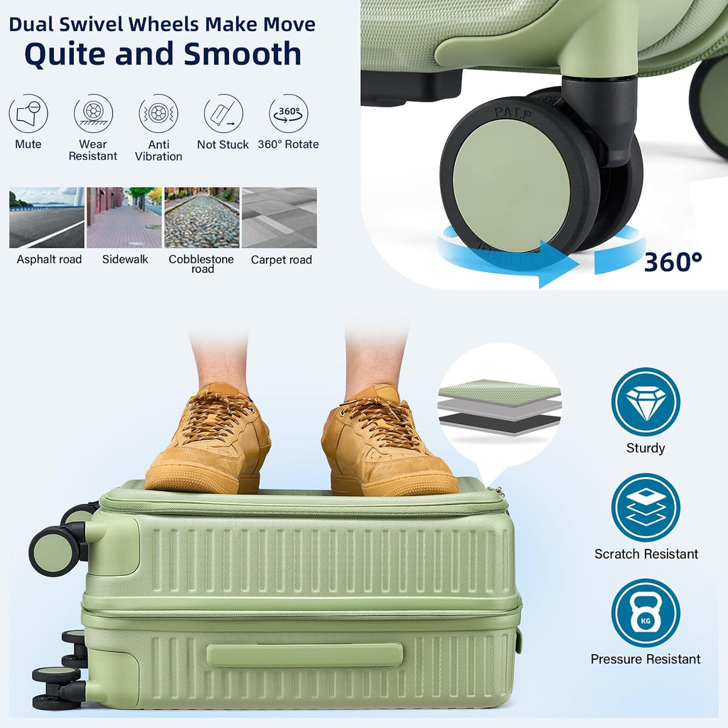 HanTrip Hard Shell Suitcases 24 Inch Check in Luggage with Spinner Wheels Cup Holder, Lightweight Top Opening Expandable Luggage Hard Case Rolling Medium Checked Suitcase with Lock, Bamboo Green