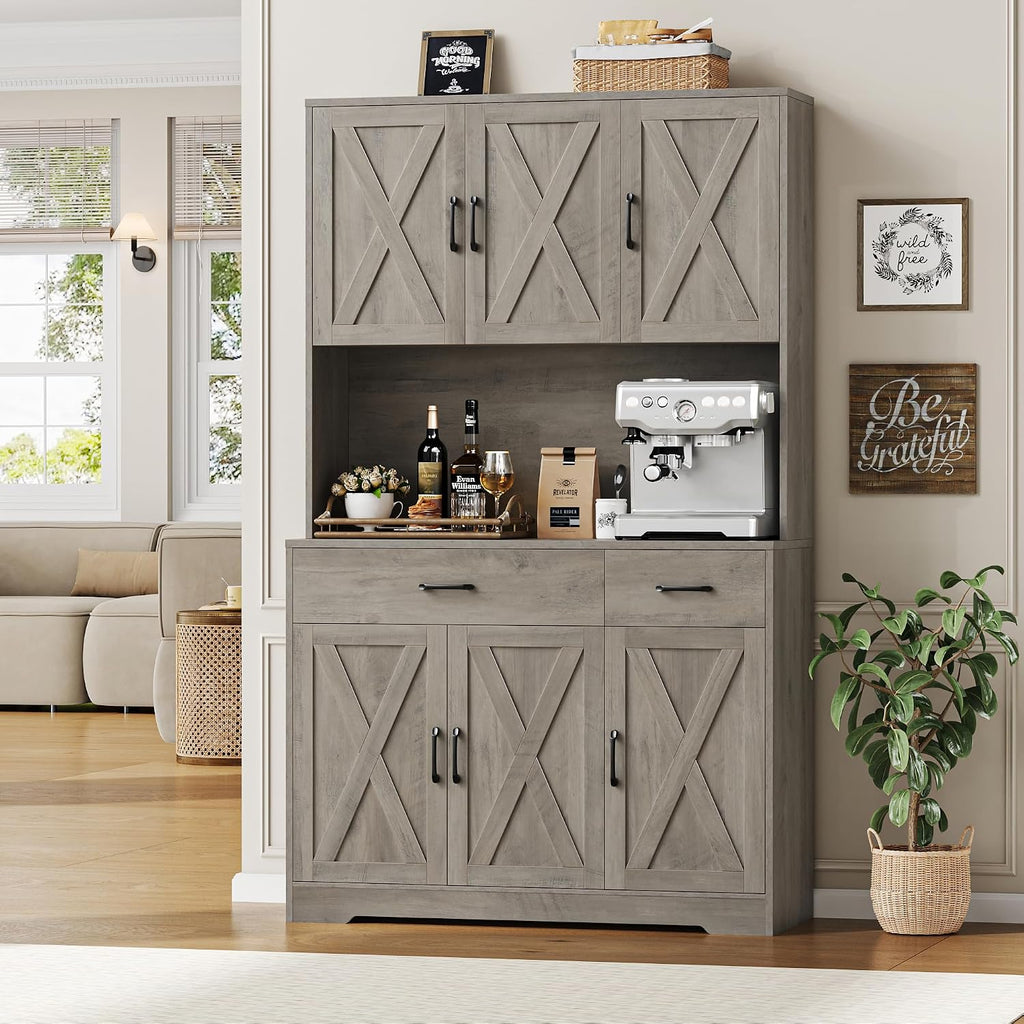 HOSTACK 71' Pantry Cabinet with Charging Station, Tall Kitchen Pantry Storage Cabinet with Microwave Stand, Farmhouse Kitchen Hutch with Storage Drawers for Living Room, Dining Room, Ash Grey