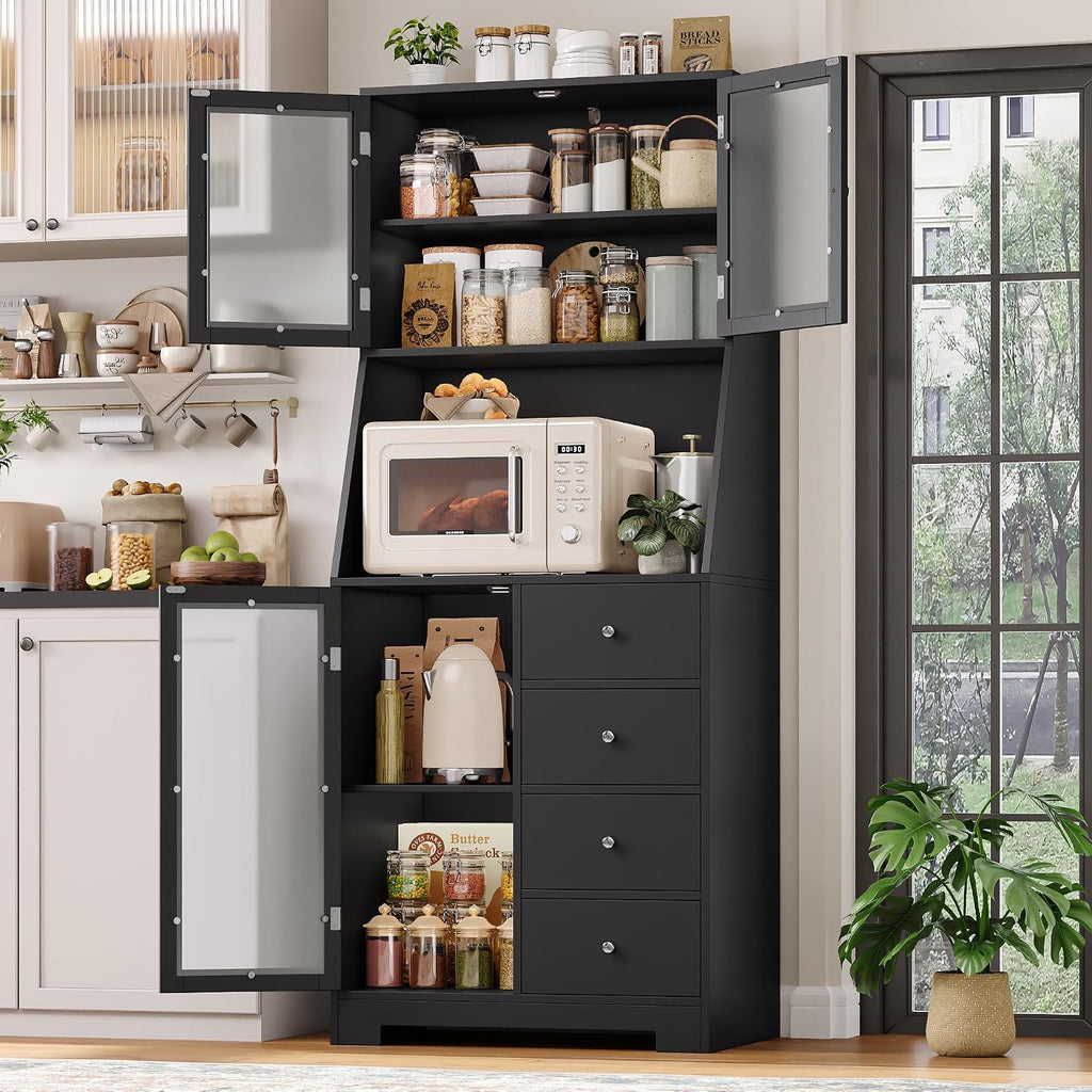 BOTLOG 64'' Kitchen Pantry Storage Cabinet, Tall Kitchen Storage Cabinet with Microwave Stand, Hutch Cabinet with Adjustable Shelves, for Dining Room, Black