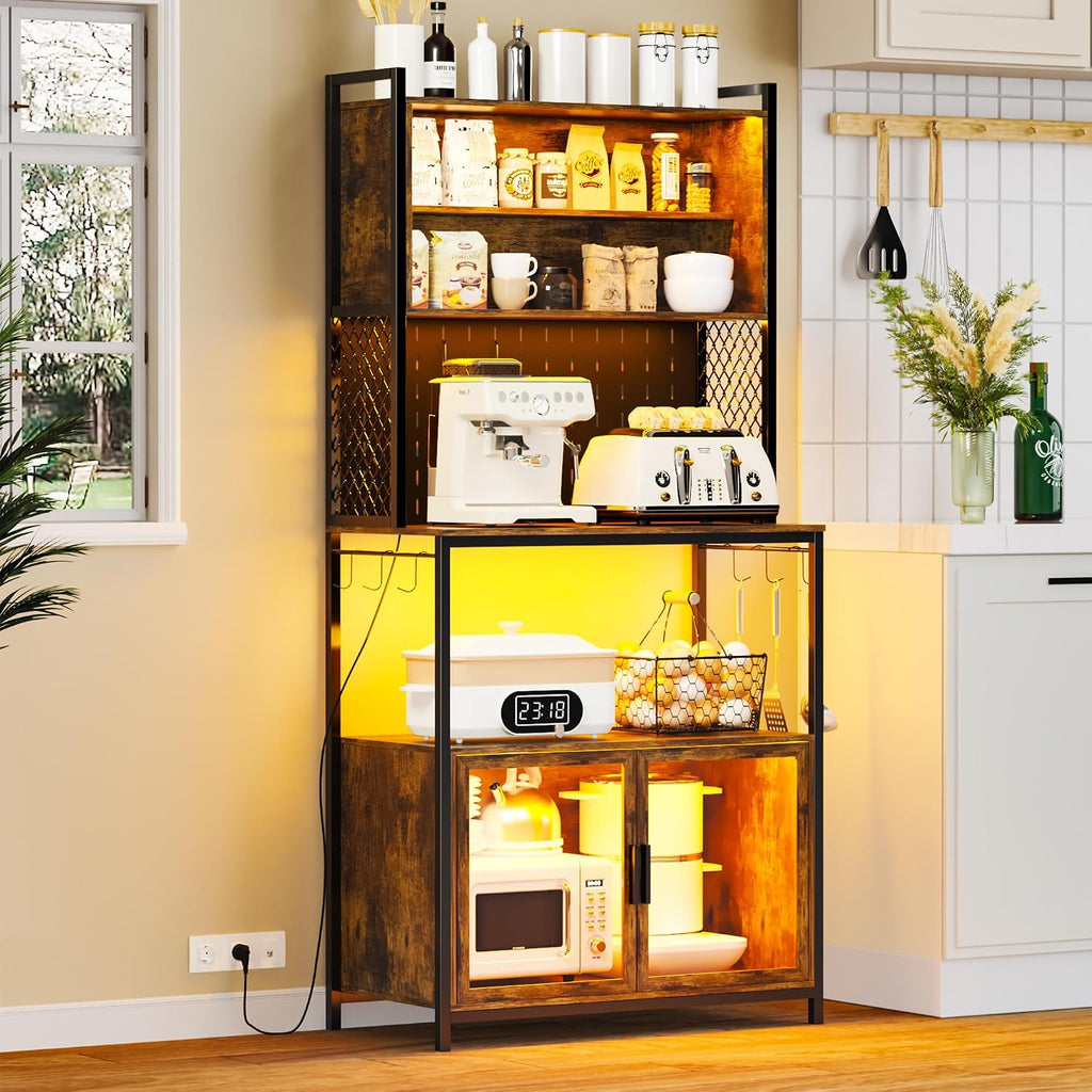 67'' LED Kitchen Pantry Cabinet with Pegboard, 3 Color Dimmable Bakers Rack with Charging Station Adjustable Shelves and Hooks, Microwave Stand with Storage