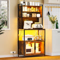 67'' LED Kitchen Pantry Cabinet with Pegboard, 3 Color Dimmable Bakers Rack with Charging Station Adjustable Shelves and Hooks, Microwave Stand with Storage
