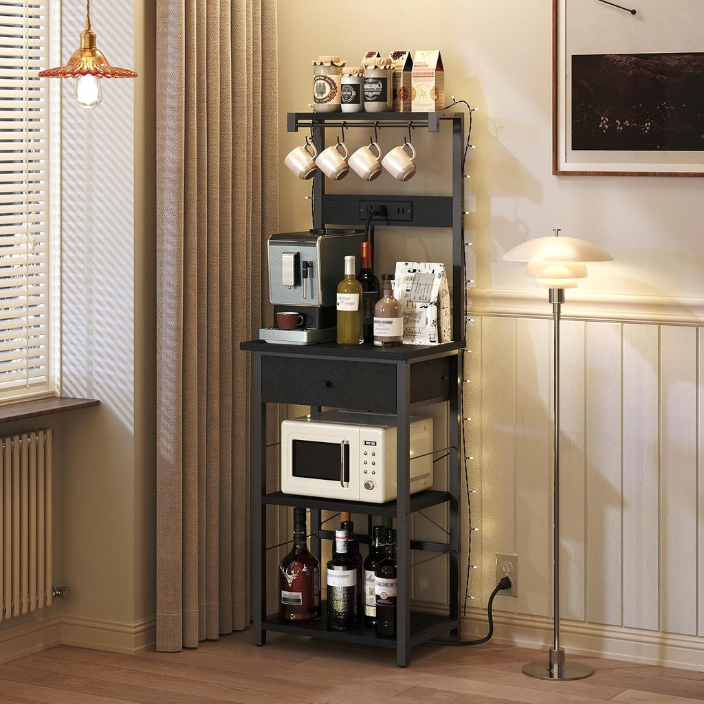 MAHANCRIS Bakers Rack with Mini Fridge Shelf and Bakers Rack with Drawer Bundle, Microwave Stand with Power Outlet, BRHR5401-BRBK48E01